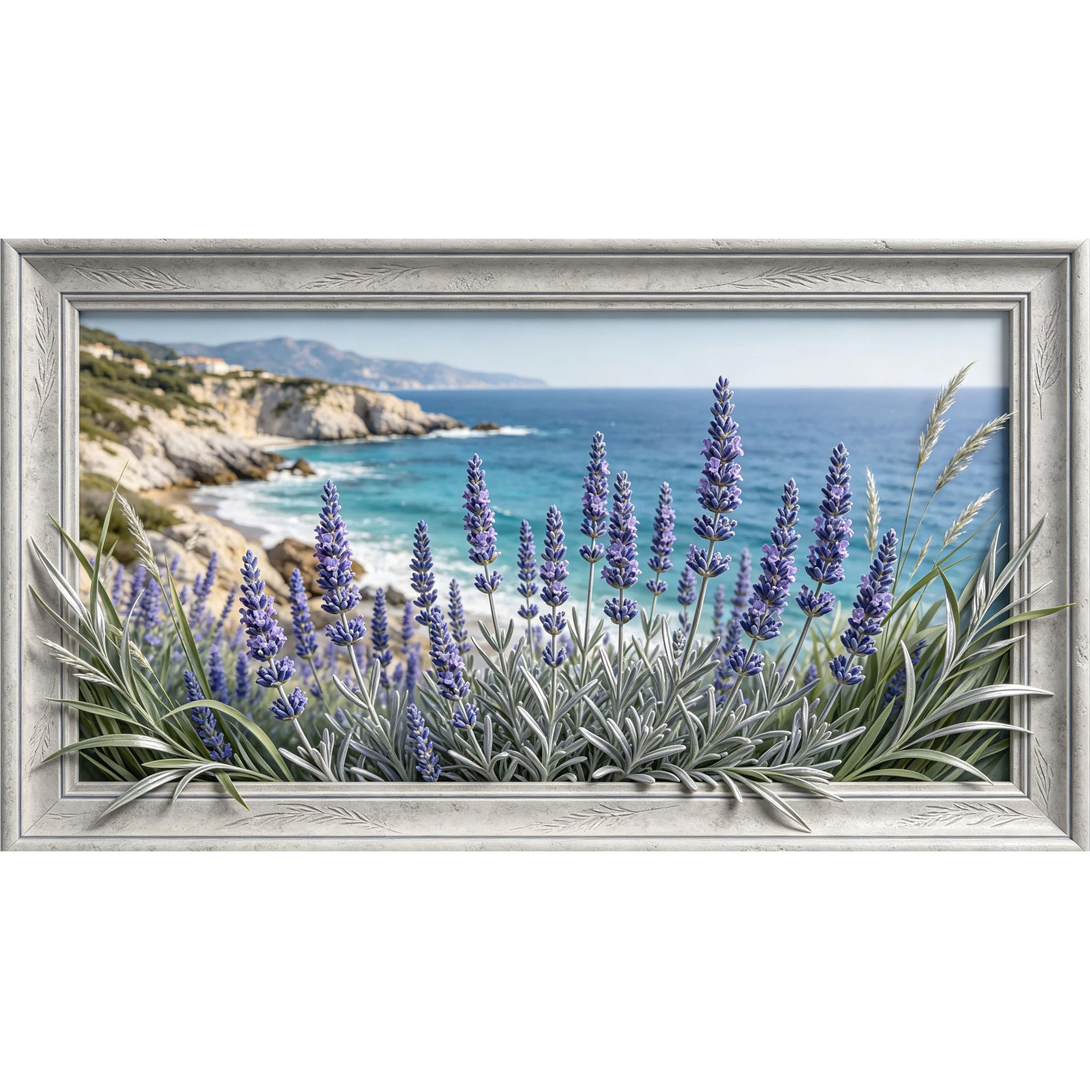 QZLITHOTIC 50×90cm3D Framed Wall Art， Lavender Coastal Landscape Botanical Mural， Water?Activated Peel & Stick Fabric Decor Wall Decal for Bedroom Living Room