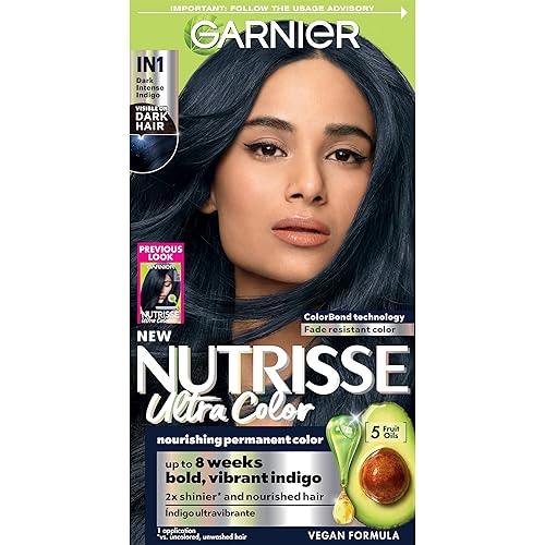 Garnier Hair Color Nutrisse Ultra Color Nourishing Creme, IN1 Dark Intense Indigo (Midnight Iris) Blue Permanent Hair Dye, 1 Count (Packaging May Vary)