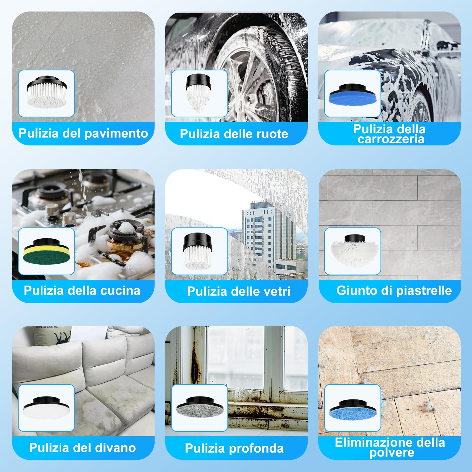 PATEMZON Spazzola Elettrica Rotante, 9 in 1 Spazzola Rotante Pulizia Casa-IPX7, Doppia Velocità e Manico Estendibile, Spazzola Elettrica per Doccia, Cucina, Auto, Piastrelle, Pareti, Pavimenti