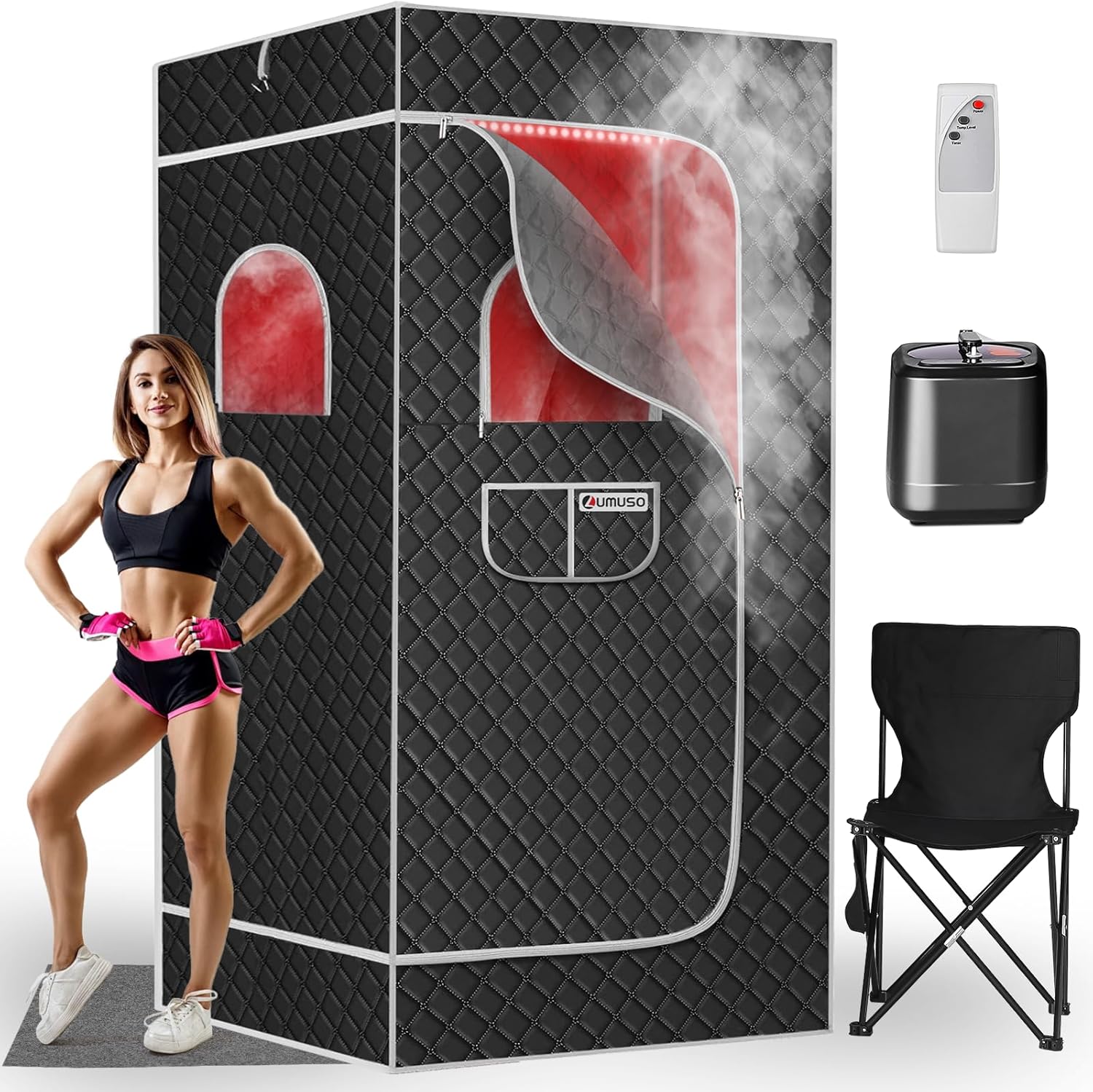 Portable Red Light Sauna Box for Home, 1200W Infrared Sauna Tent 9 Levels 60 Mins Timer Remote Control, 3L Steamer Steam Full Body, Folding Chair Mat, Detox & Full Body Recovery, 5.9 * 2.9 * 2.9ft