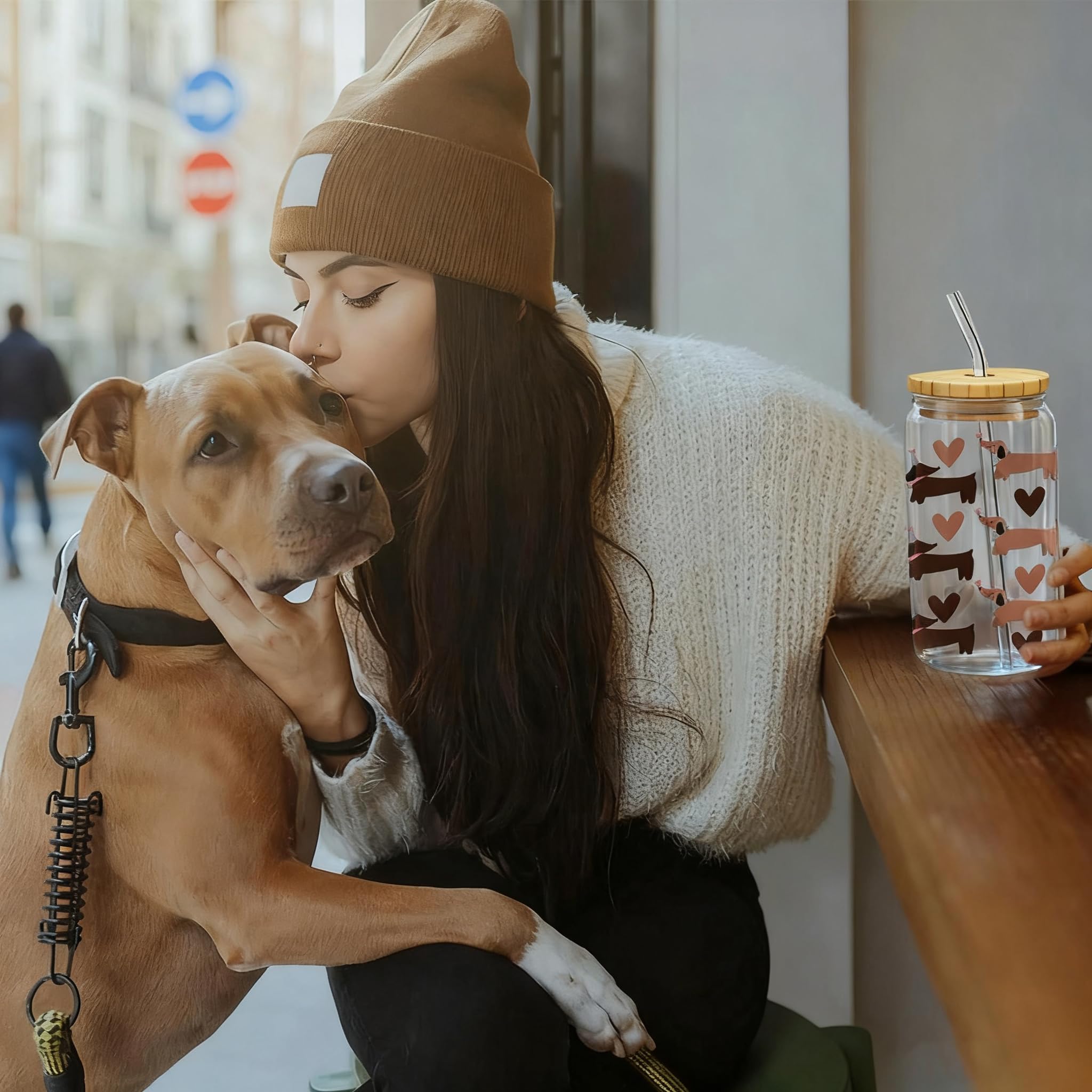 Tazza Bassotto Con Cannuccia E Coperchio - Bicchiere In Vetro Da 16 Once, Regalo Per Amanti Dei Cani