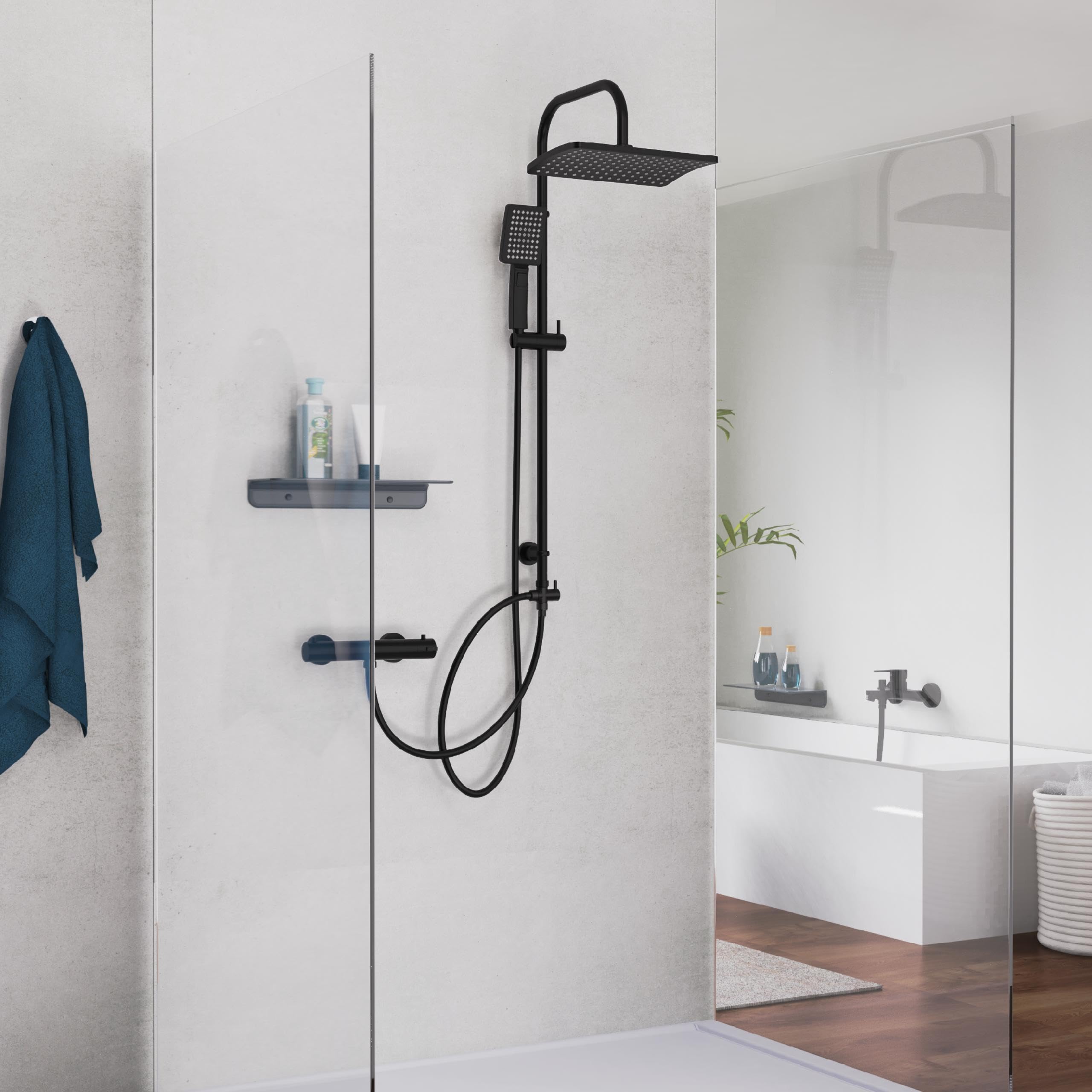 Schütte Duschset MALLORCA Duschsäule mit großer Regendusche Handbrause mit 3 Strahlarten Duschsystem ohne Armatur Schwarz Matt | 3 Strahlarten Duschsystem ohne Armatur Schwarz Matt
