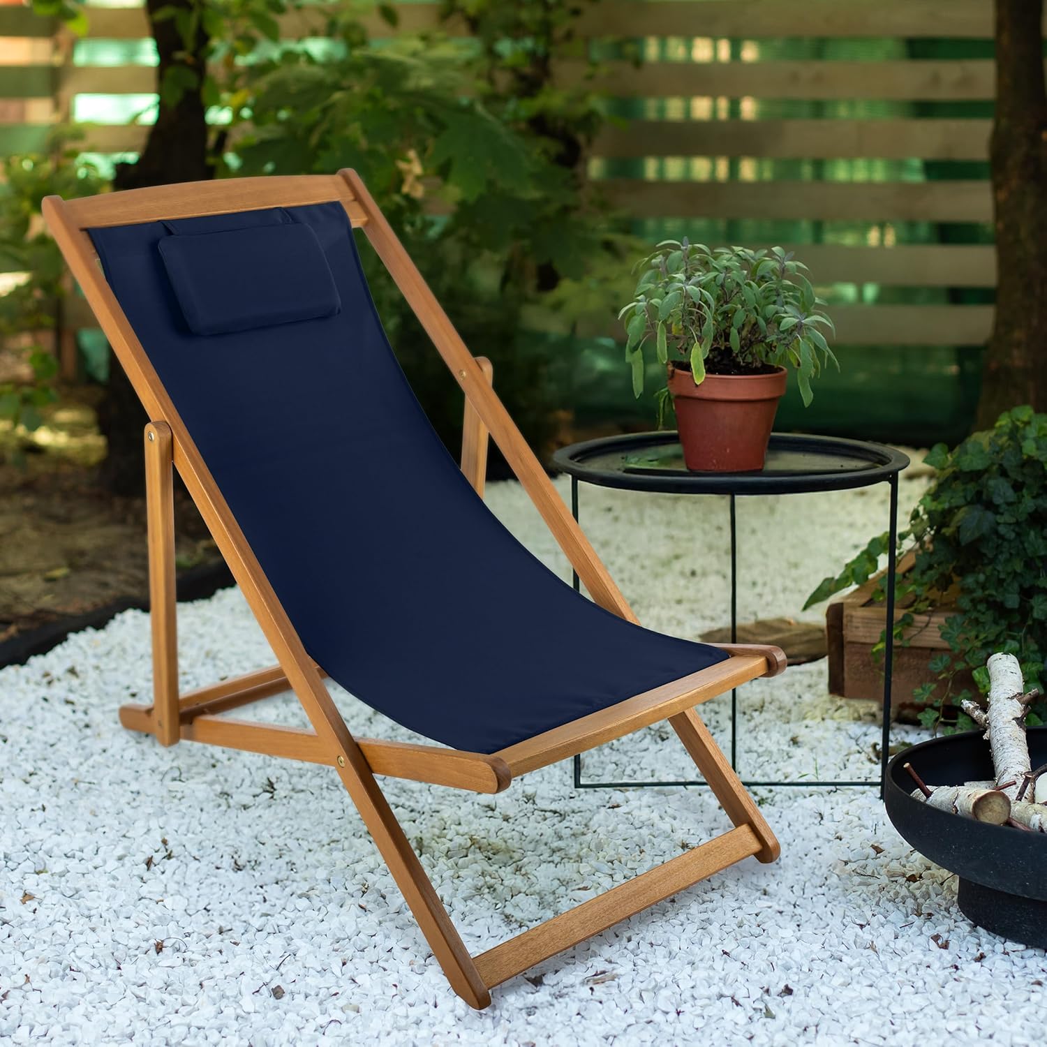Beach Lounge Chair - Adjustable Height Reclining Sling Chair - Portable Wood Folding Chairs - Folding Lounge Chairs for Outside, Patio, Balcony, or Camping - Outdoor Furniture by Lavish Home (Blue)