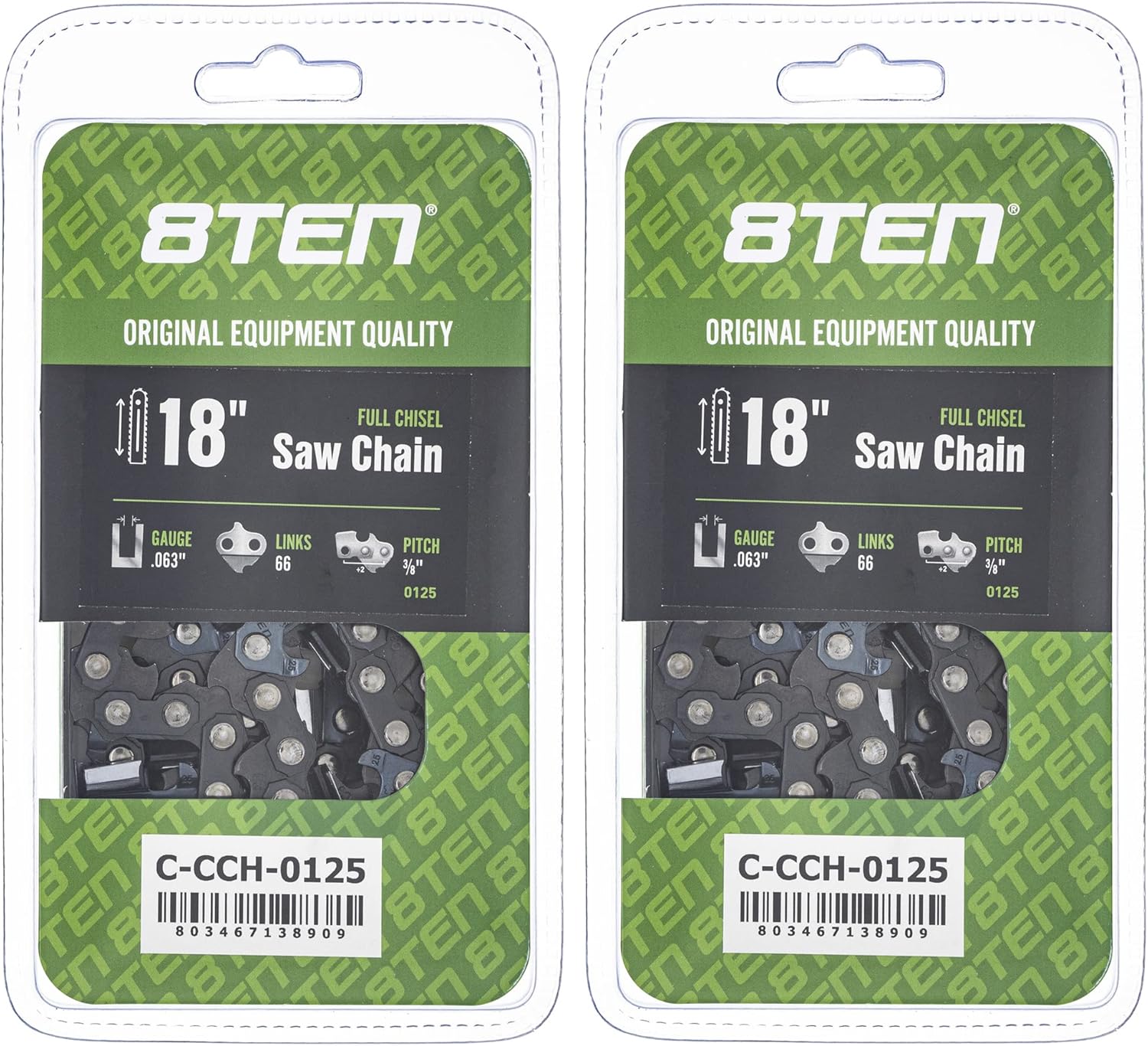 8TEN Full Chisel Chainsaw Chain 18 Inch .063 3/8 Pitch 66DL For Stihl MS260 MS660 MS360 MS390 MS440 MS460 (2 Pack)