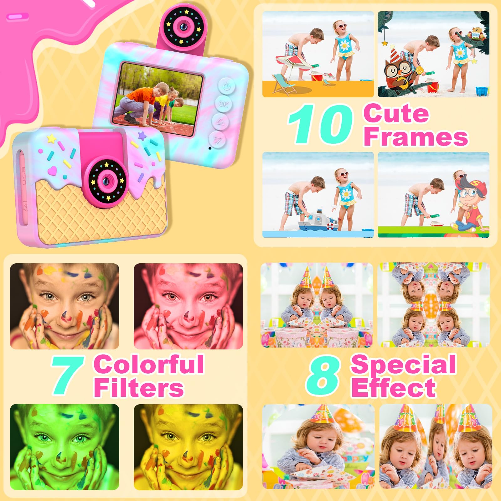 Ushining Macchina Fotografica, 10X Zoom Mini Fotocamera Digitale 20MP 1080P Selfie Videocamera con 2,0 Pollici Schermo Scheda TF da 32 GB, Regalo per Ragazze 3-12 Anni, Gelato