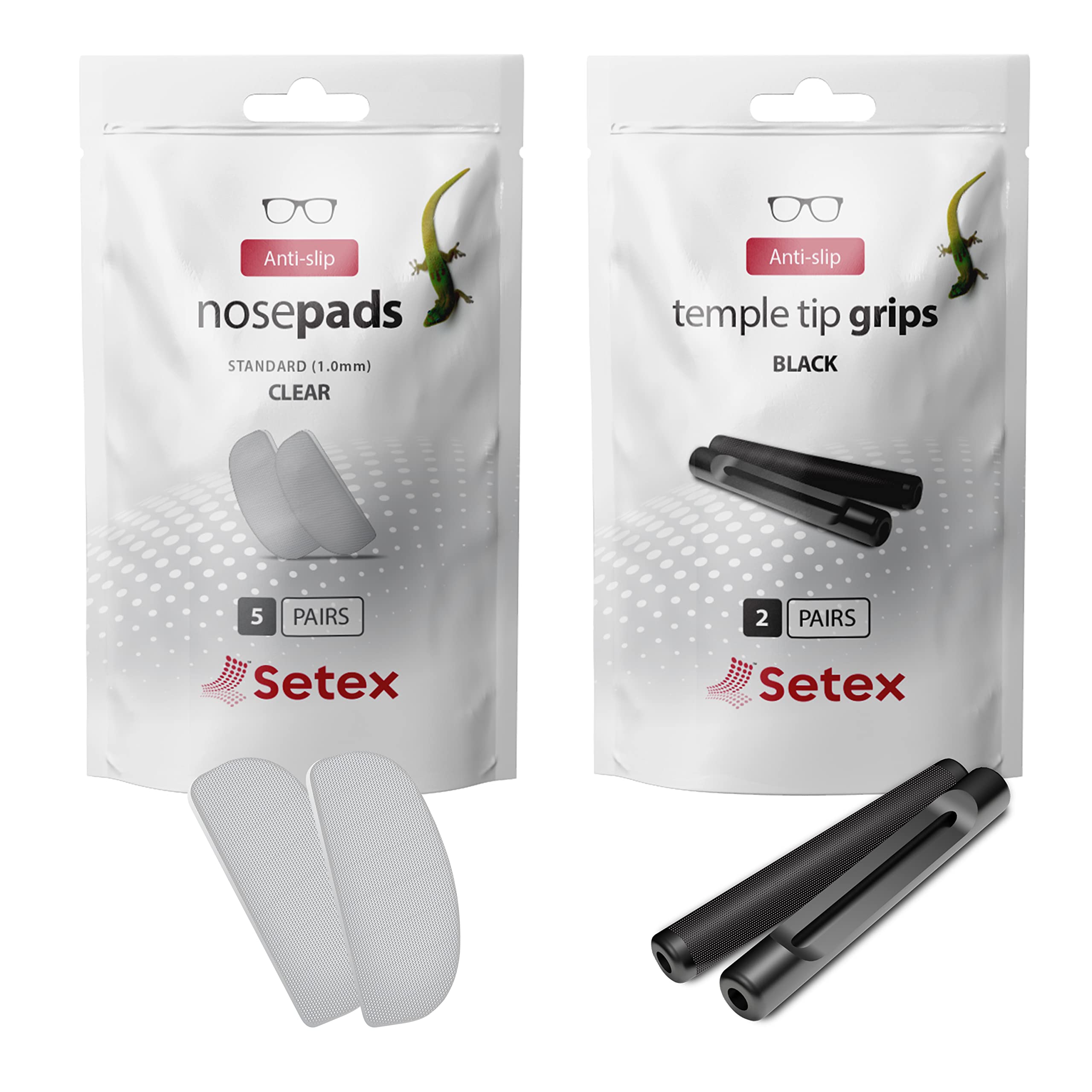 Setex Eyeglass Gecko Grip Bundle, Temple Tip Grips (2 Black Pair) + Anti Slip Eyeglass Nose Pads (5 Clear Pair, 1mm), USA Made, Innovative Microstructured Fibers