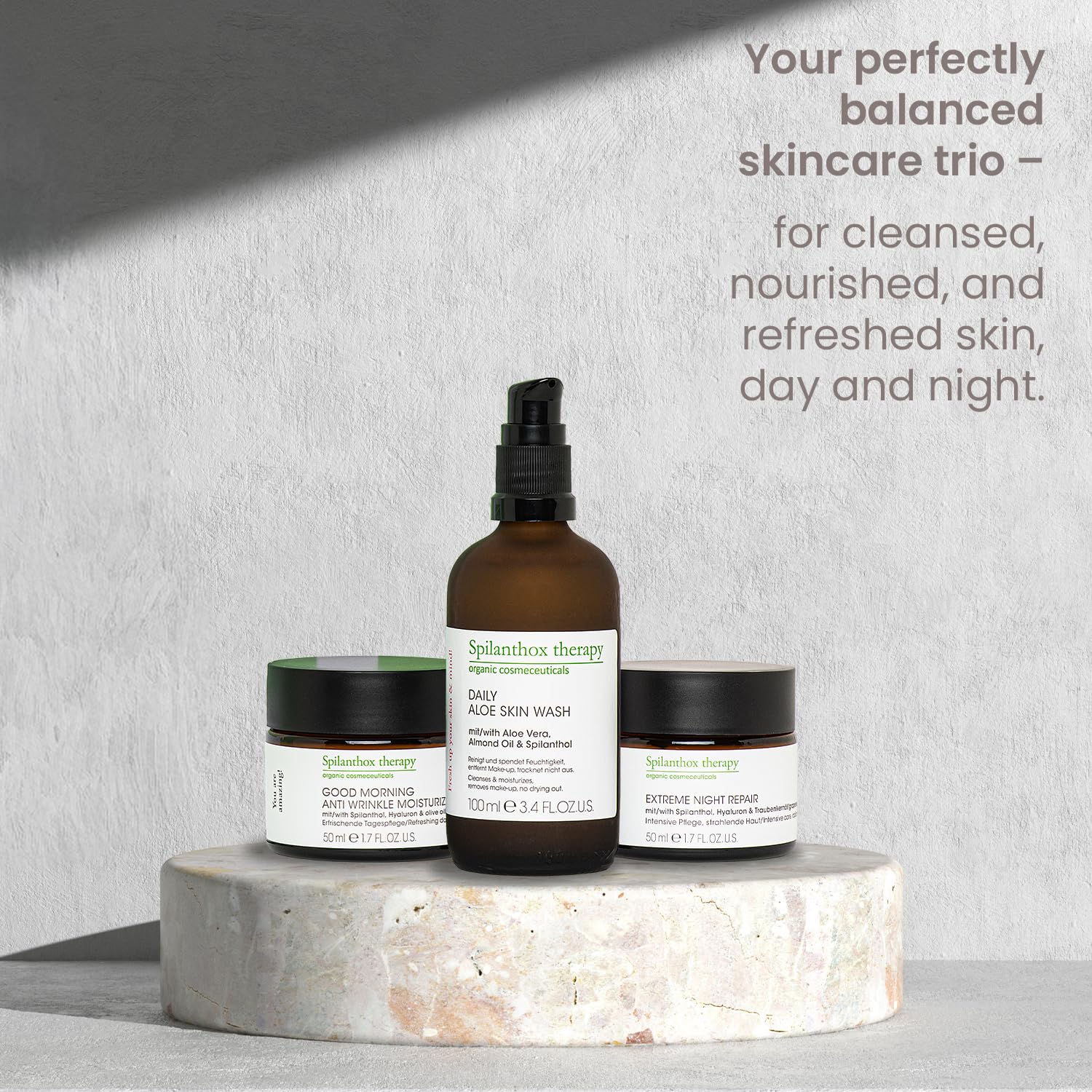 Spilanthox therapy - Starter Set - Mit Anti Wrinkle Moisturizer (30ml), Aloe Skin Wash (100ml), Eye Lifting Fluid (15ml) & Night Repair (50ml) - Anti-Aging Gesichtspflege mit Spilanthol & Hyaluron