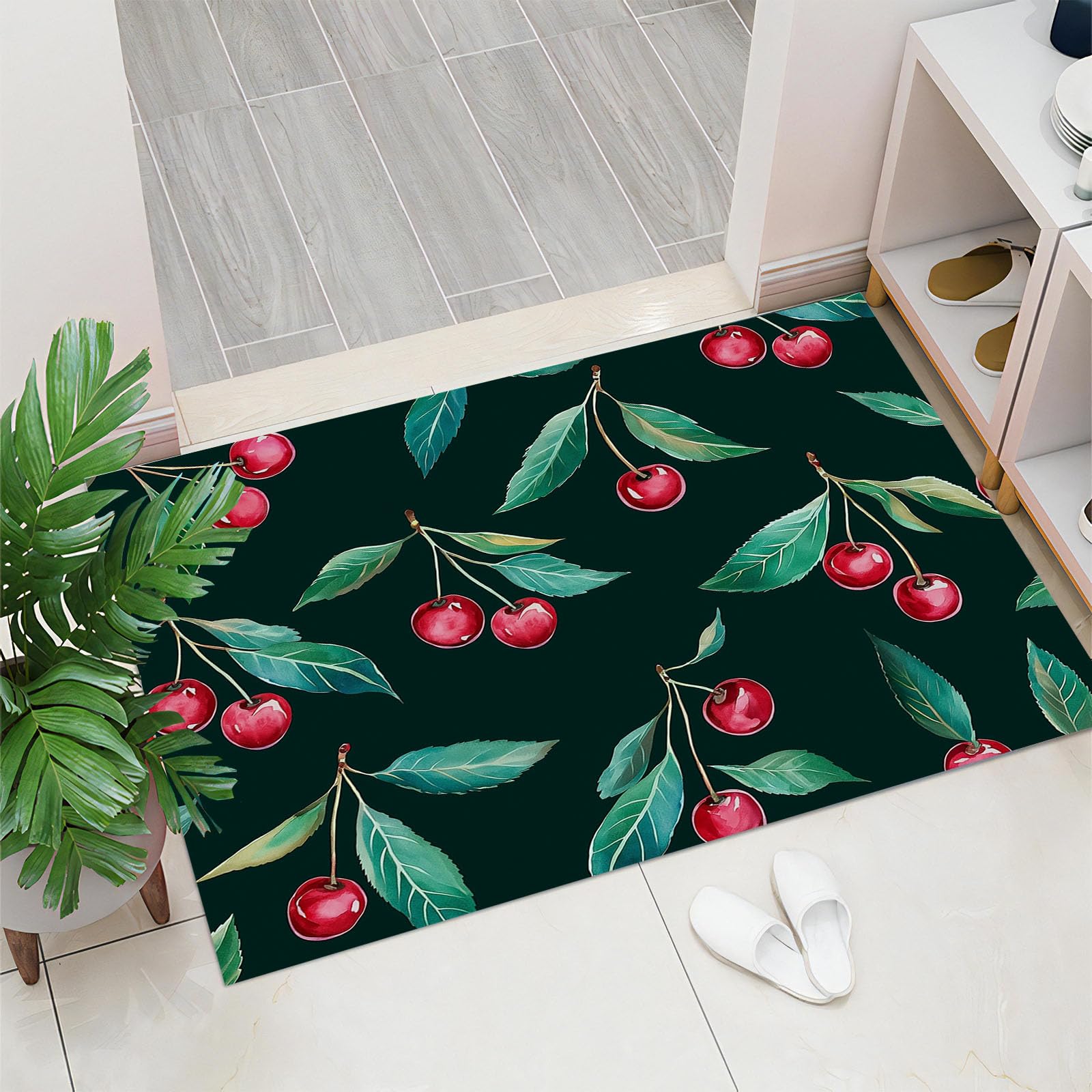 Paillasson entree 60x90cm cerise feuilles tapis absorbant