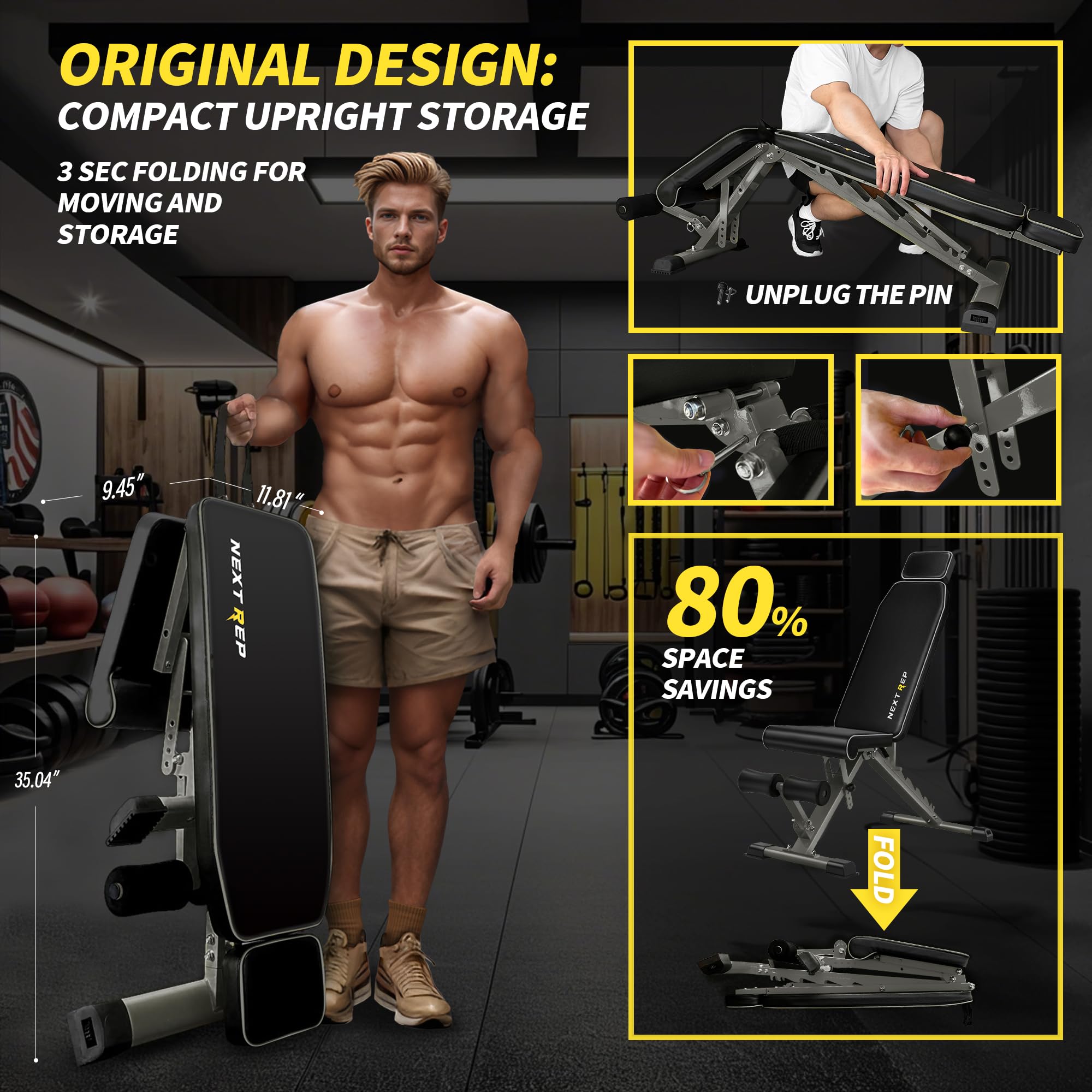 Adjustable Weight Bench,1000 LB Fast Folding Workout Bench for Home Gym Strength Training, Incline Decline Flat Utility Bench Press for Full Body Workout, Upright Storage Yellow Exercise Bench