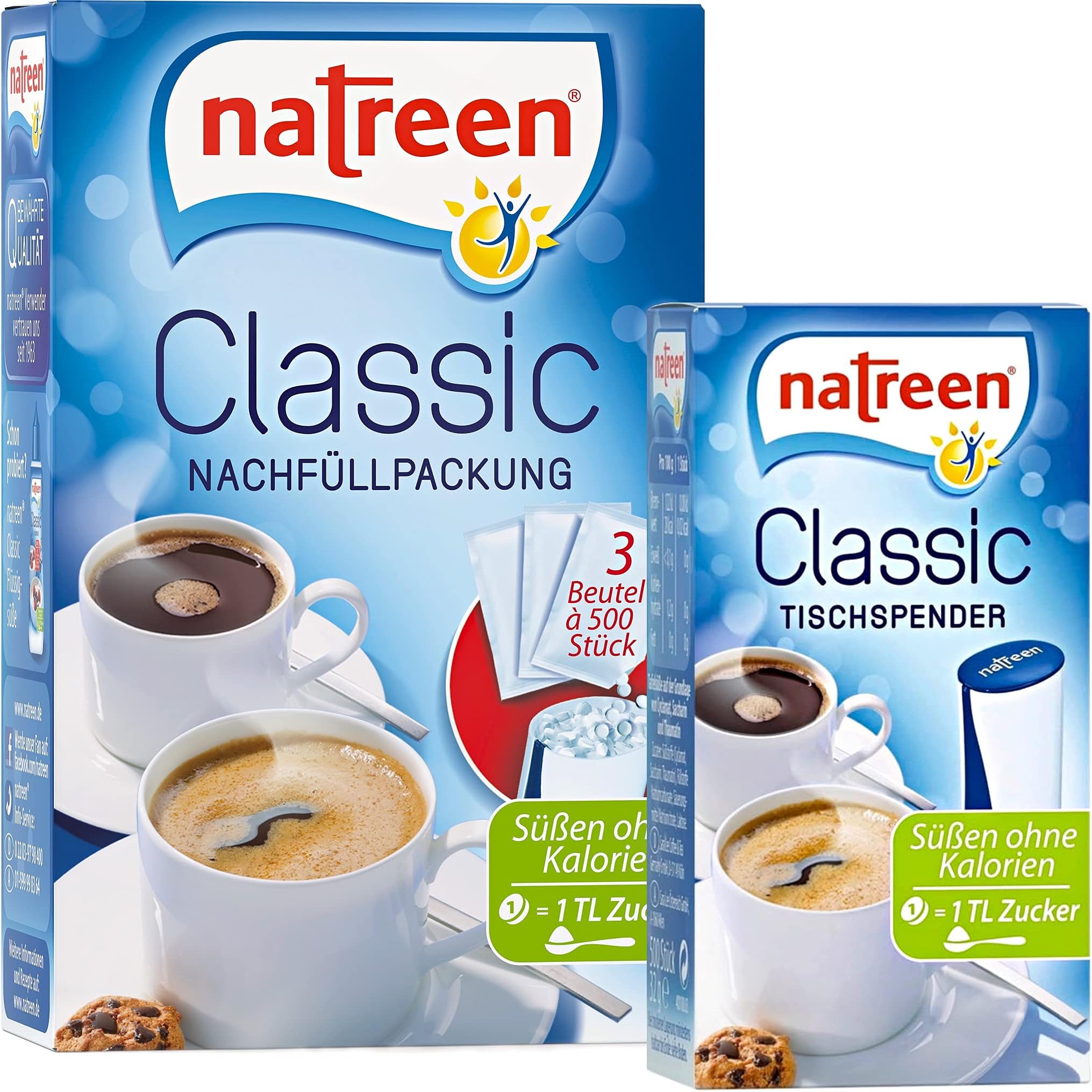NATREEN® Classic Table Dispenser 500 pcs. and Refill Pack 3x500 pcs. - The calorie-free sweetener for coffee and tea / Netherlands