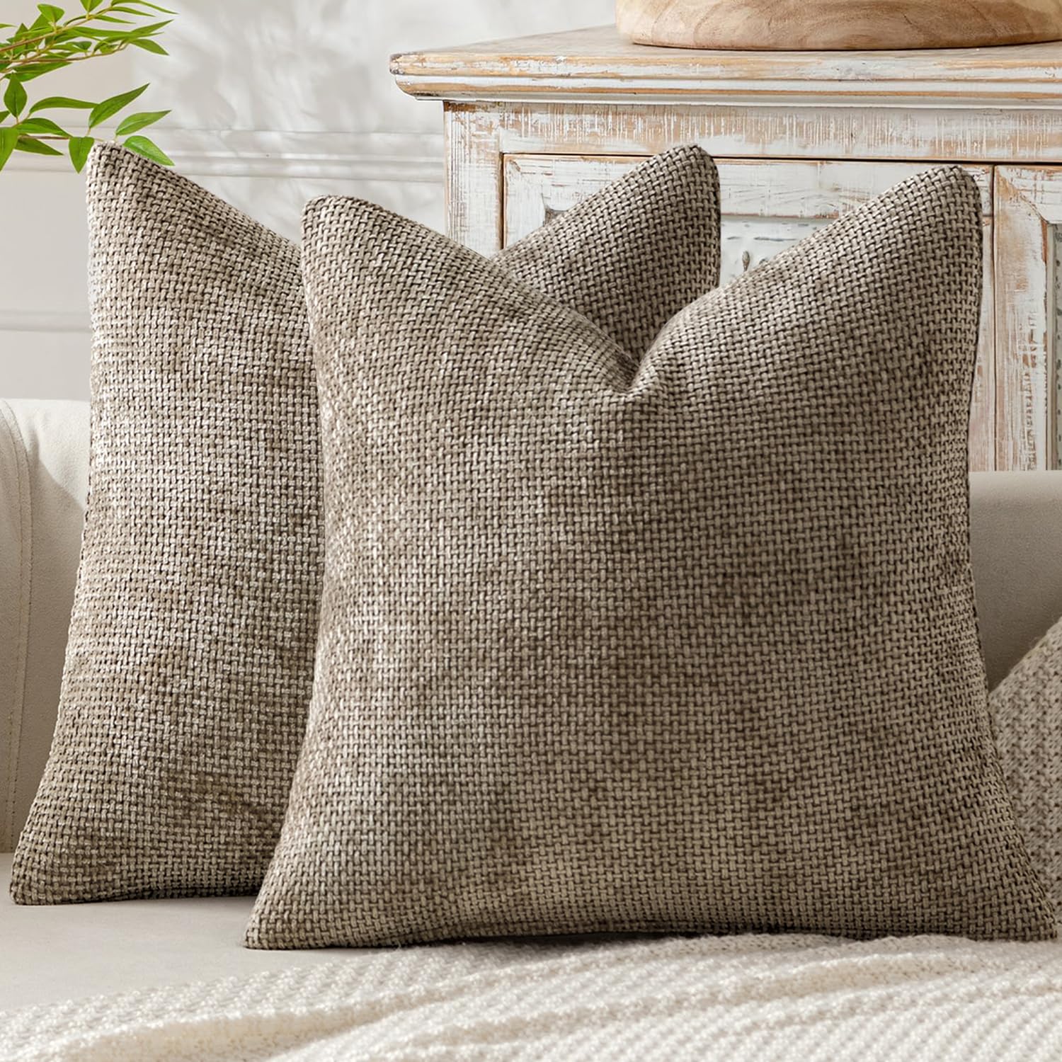 MIULEE Decorative Cushion Covers 45x45 cm Set of 2 Chenille Soft Boho Pillowcases Farmhouse Throw Pillow Covers Modern Home Decor for Couch Bed Living Room, Taupe