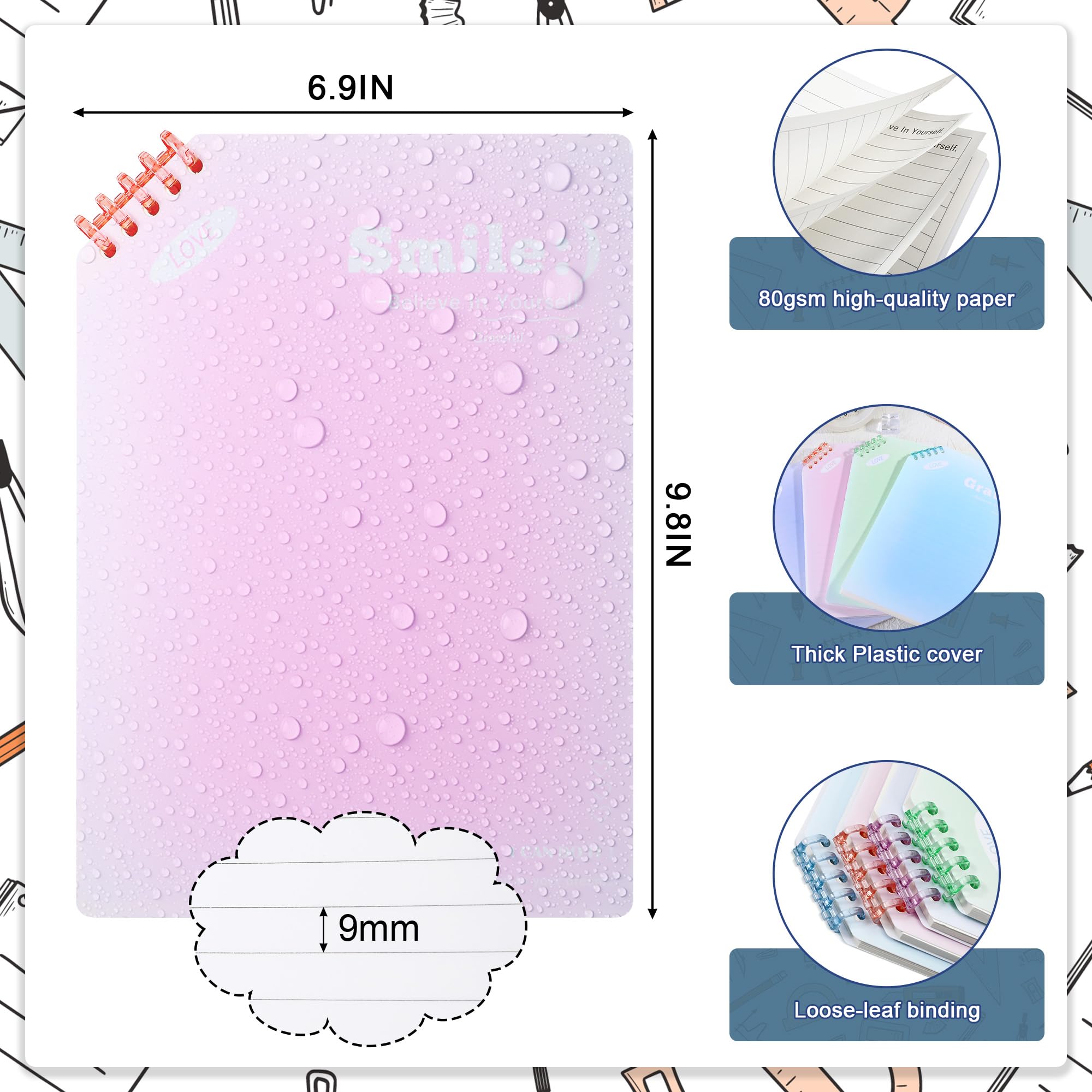 miikoul Paquete de 4 cuadernos en espiral B5, diarios de cubierta de plástico impermeable para escribir, 9.8 x 6.9 pulgadas, 60 hojas/120 páginas de rayas anchas, cuadernos forrados en espiral a