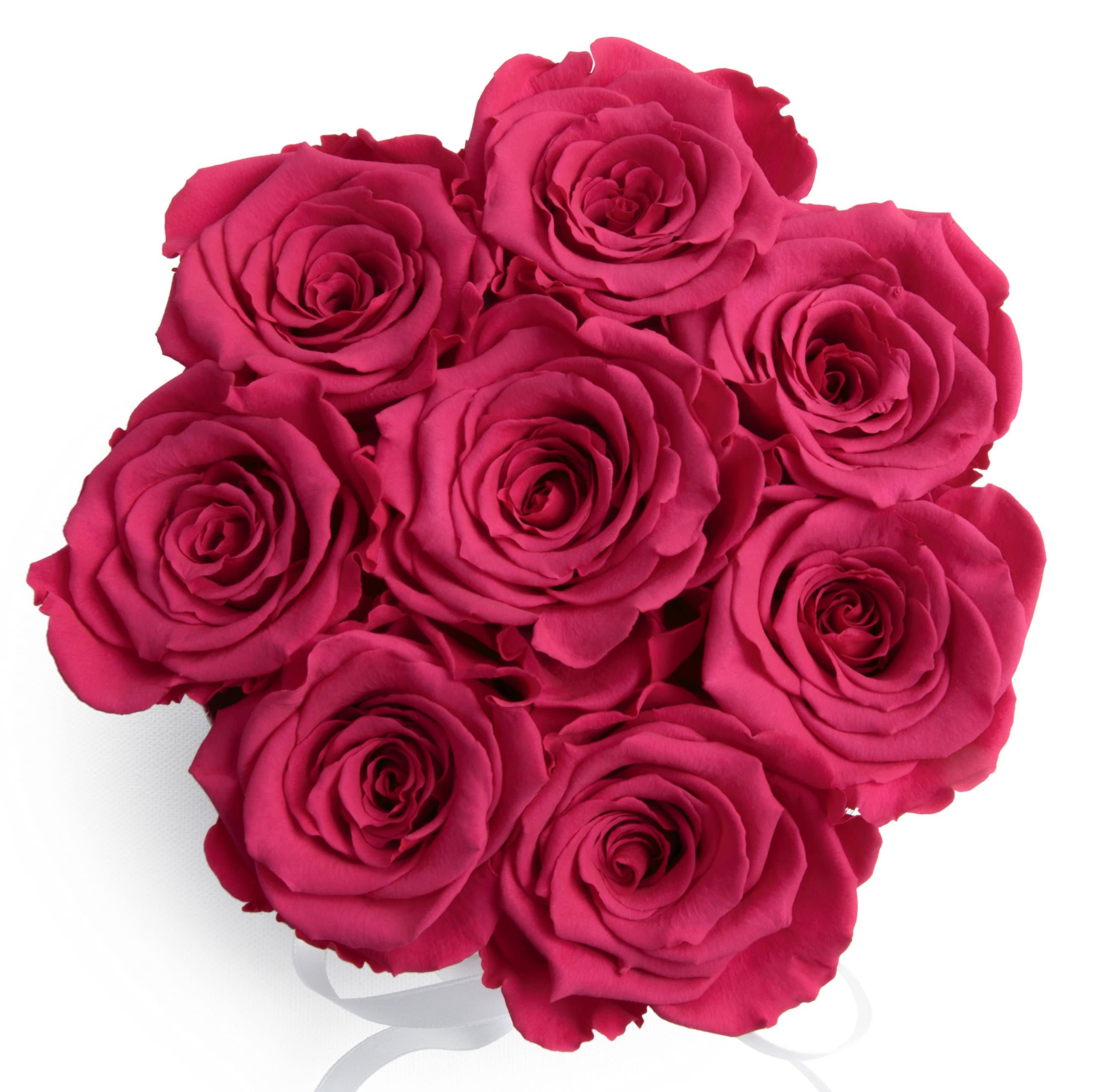 Rosenbox rosa rund Infinity Rosen - Flowerbox 8 echte Rosen haltbar 3 Jahre Durchmesser 15 cm - Geschenk für Frauen (Weiß-Pink)