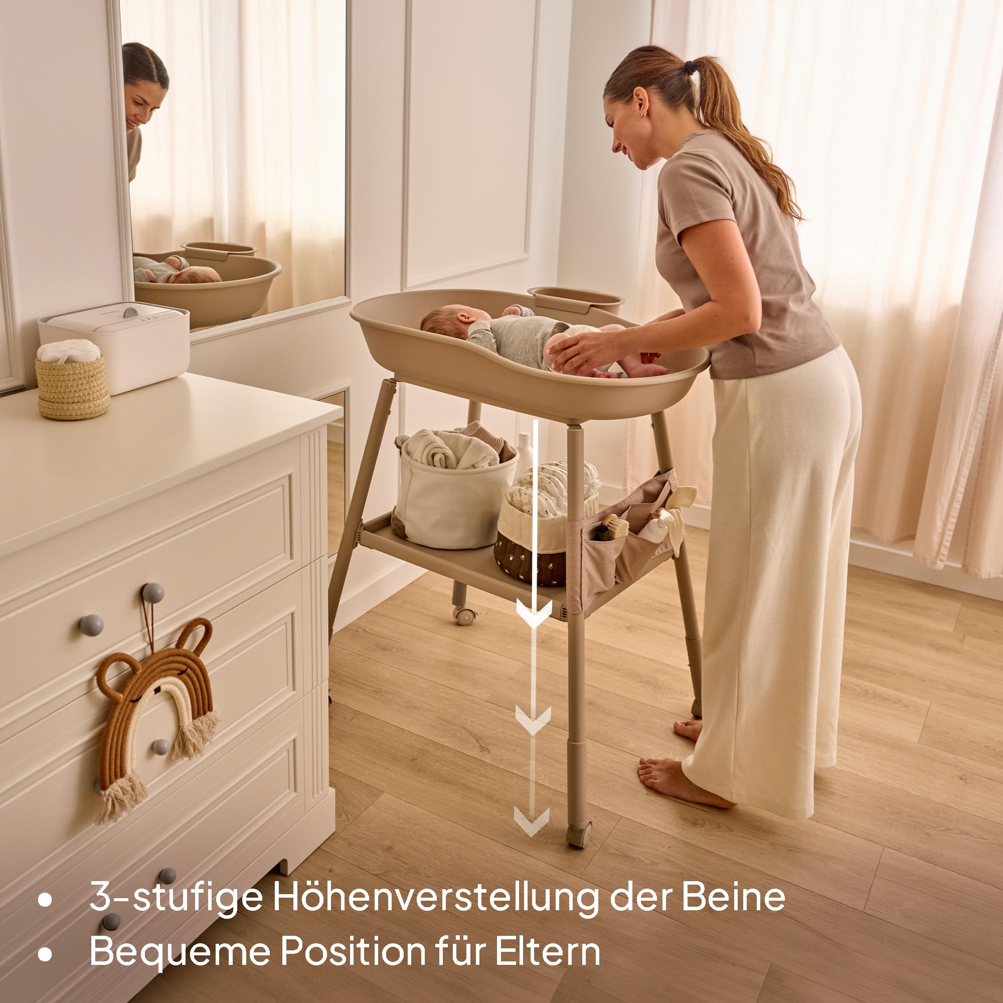 Lionelo Rosie Wickeltisch mit Rollen – Höhenverstellbar, Wasserdichte Wickelauflage, Organizer & Ablage