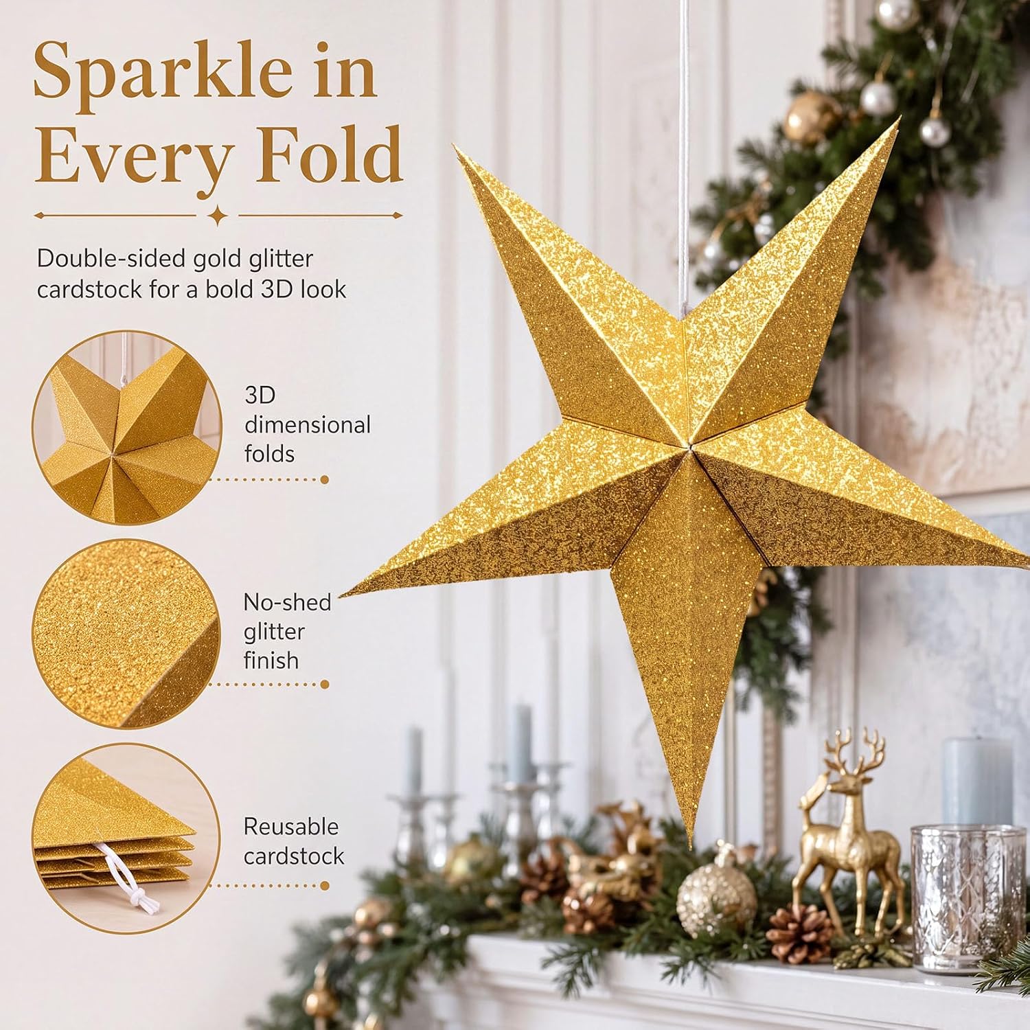 Engrowtic 12 Pcs 12'' 3D Gold Christmas Hanging Star Decorations
