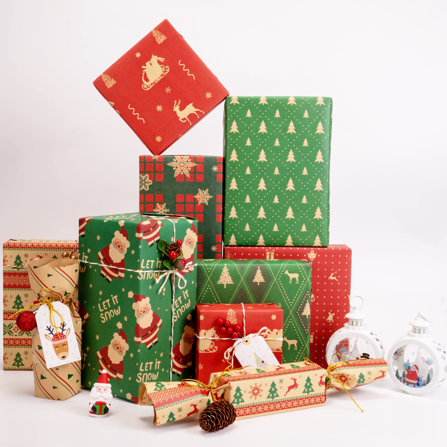 Toptime Carta Regalo Natalizia 6 Fogli 70x50 Cm - Design Babbo Natale, Pupazzi E Alberi - Rosa E Kraft