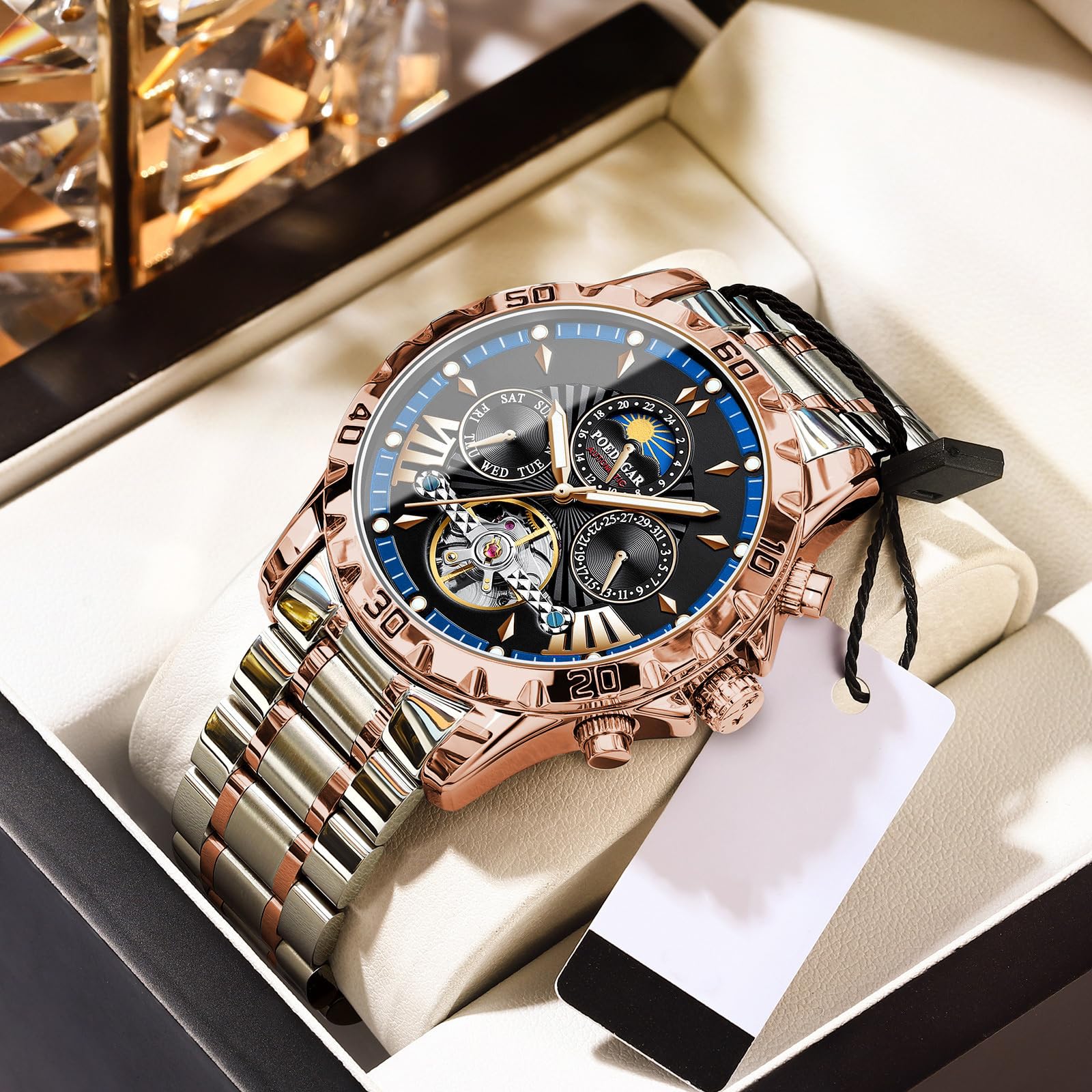 FORSINING Tourbillon Reloj de pulsera automático para hombre, correa de acero inoxidable, fase lunar, analógico, con fecha