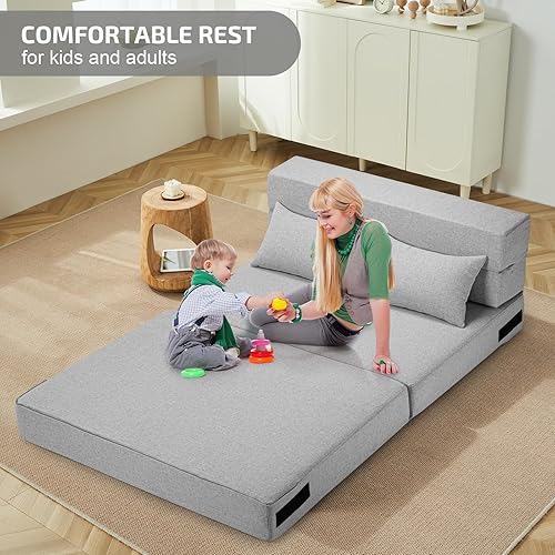 Miniatura 87 de Sofá cama plegable 2 en 1 con almohada, silla plegable, sofá de piso y colchón para dormir, funda lavable y silla de espuma viscoelástica para sala