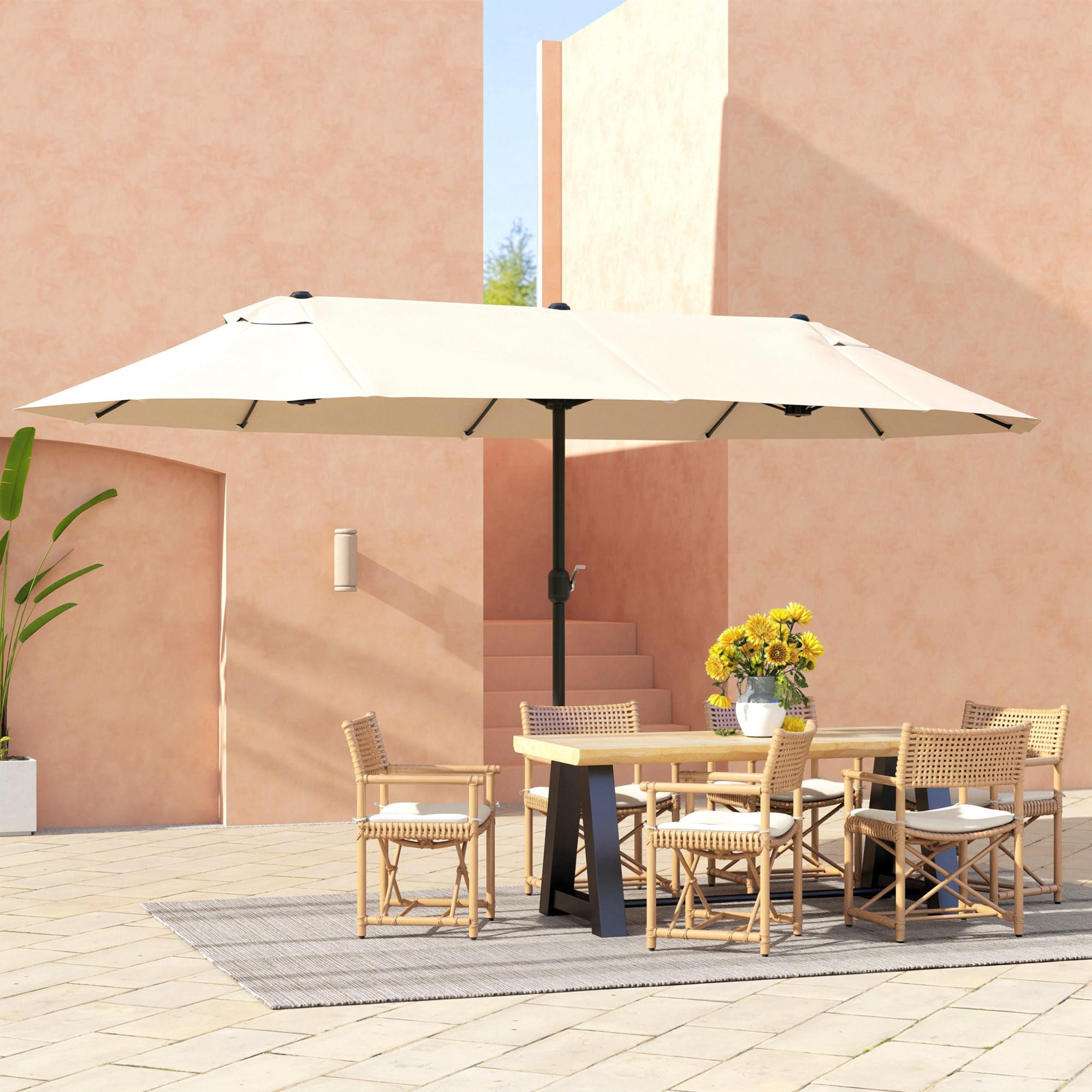 Outsunny Sombrilla Parasol Doble para Jardín 4,55x2,65x2,38 m Sombrilla Gigante Anti UV con Manivela para Exterior Patio Terraza Piscina Color Beige
