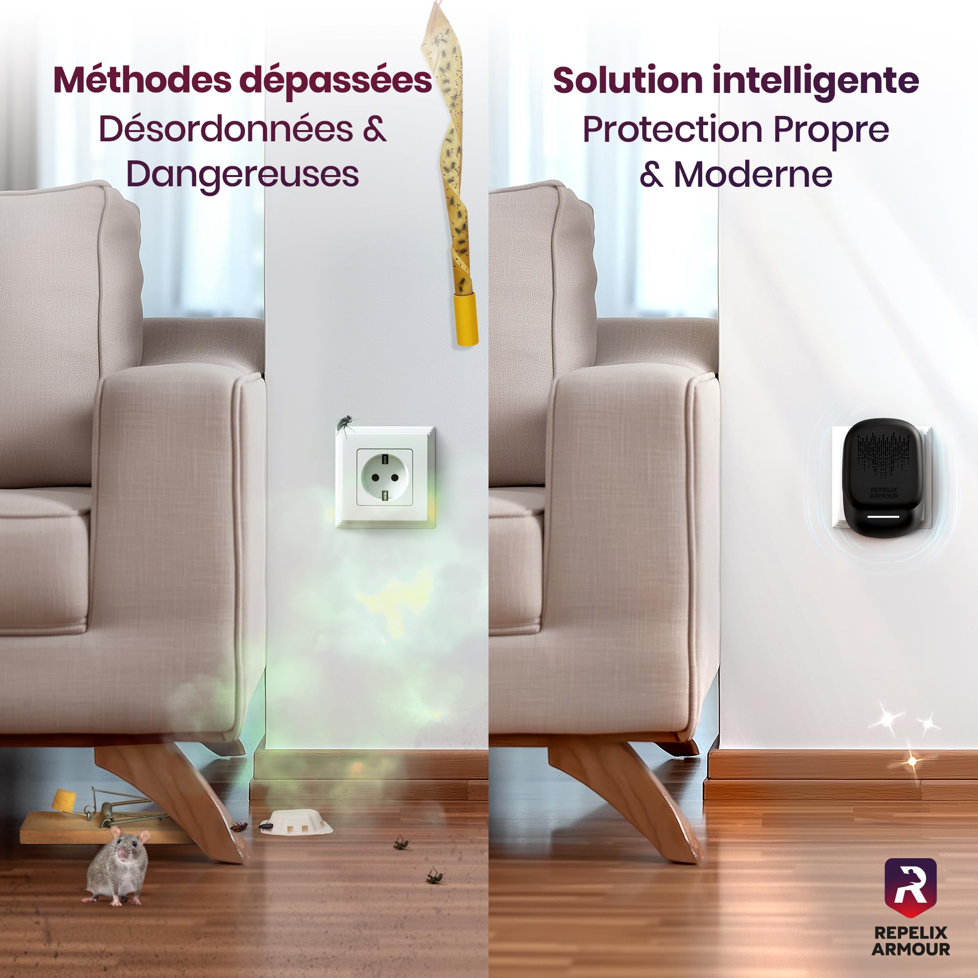 Répulsif À Ultrasons Contre Les Nuisibles pour Intérieur – Pack De 2 – Couvre 140m² par Appareil – 3 Modes – Repousse Souris, Rats, Araignées, Moustiques, Fourmis, Insectes & Mouches