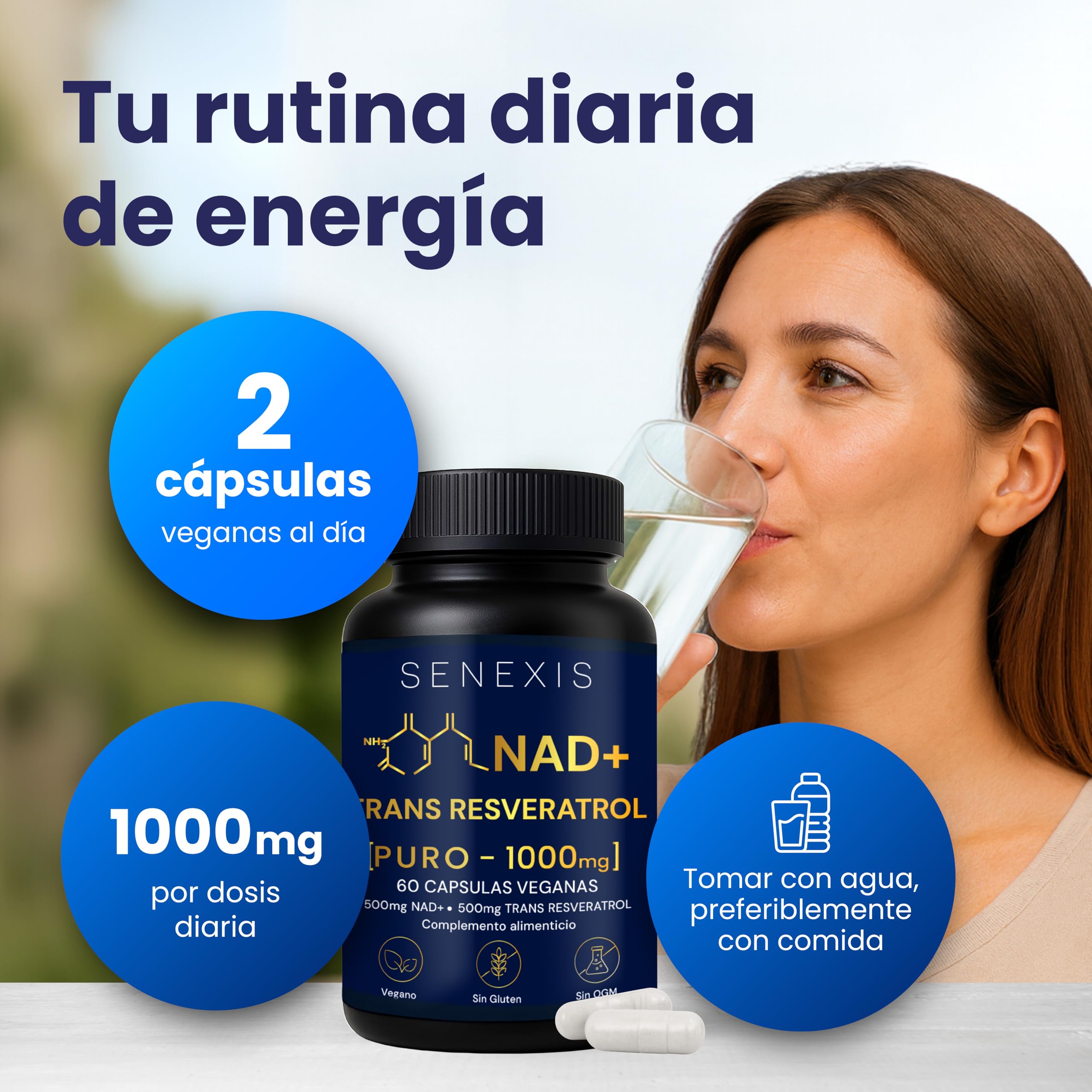 Nad Resveratrol Puro 1000mg, 60 Cápsulas veganas, 500mg NAD + 500mg Trans-Resveratrol, Energía Celular, Antioxidante, Sin Gluten, Sin OGM, sin GMO - Apoyo Mitocondrial, Cognición, Antiedad