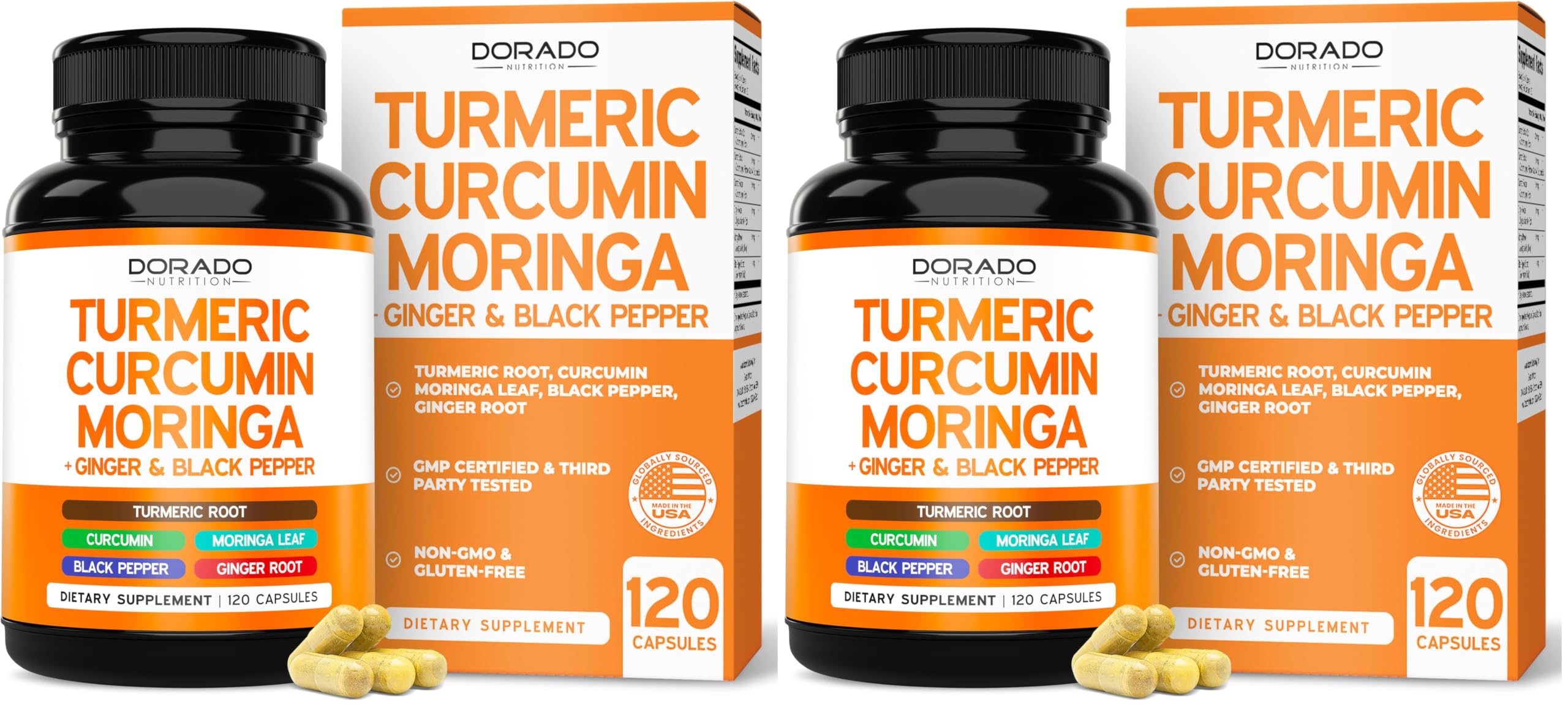 Turmeric Curcumin Supplement with Black Pepper, Ginger, Moringa (Made with 95% Curcuminoids) Third Party Tested, Non-GMO, Gluten Free - USA Made - (120 Capsules) (Pack of 2) 120 Count (Pack of 2)