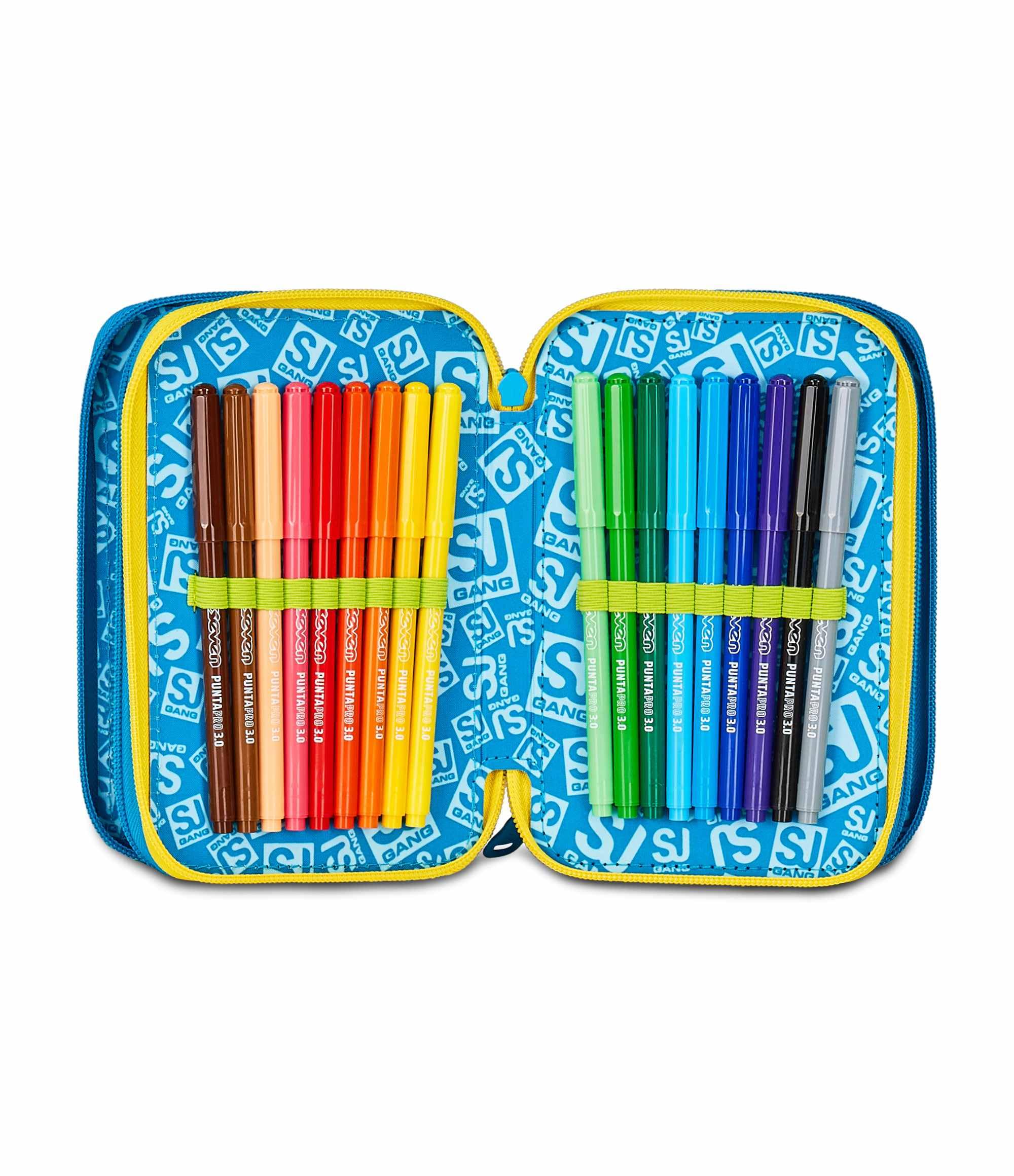 SJ GANG STYLE JAM GANG Astuccio Scuola 3 Zip,Blu e Giallo, Portapenne Triplo Scomparto Completo Di Penne, Matite, Colori, Accessori Zaino, Scuola Elementare, Bambino