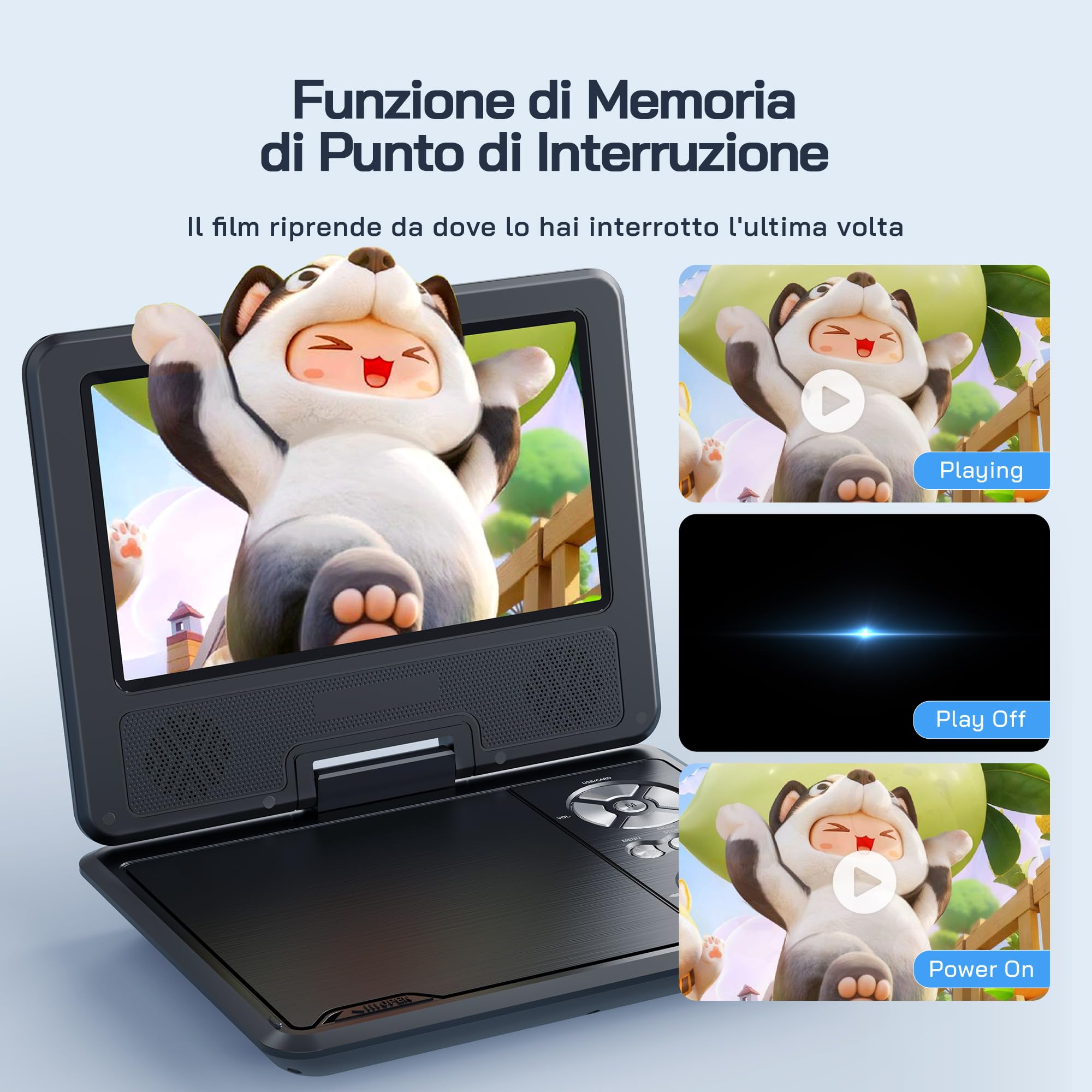 WOLFANG Lettore DVD portatile 9,5" schermo girevole HD 7,5" altoparlanti stereo batteria 6 ore Sync-TV USB SD