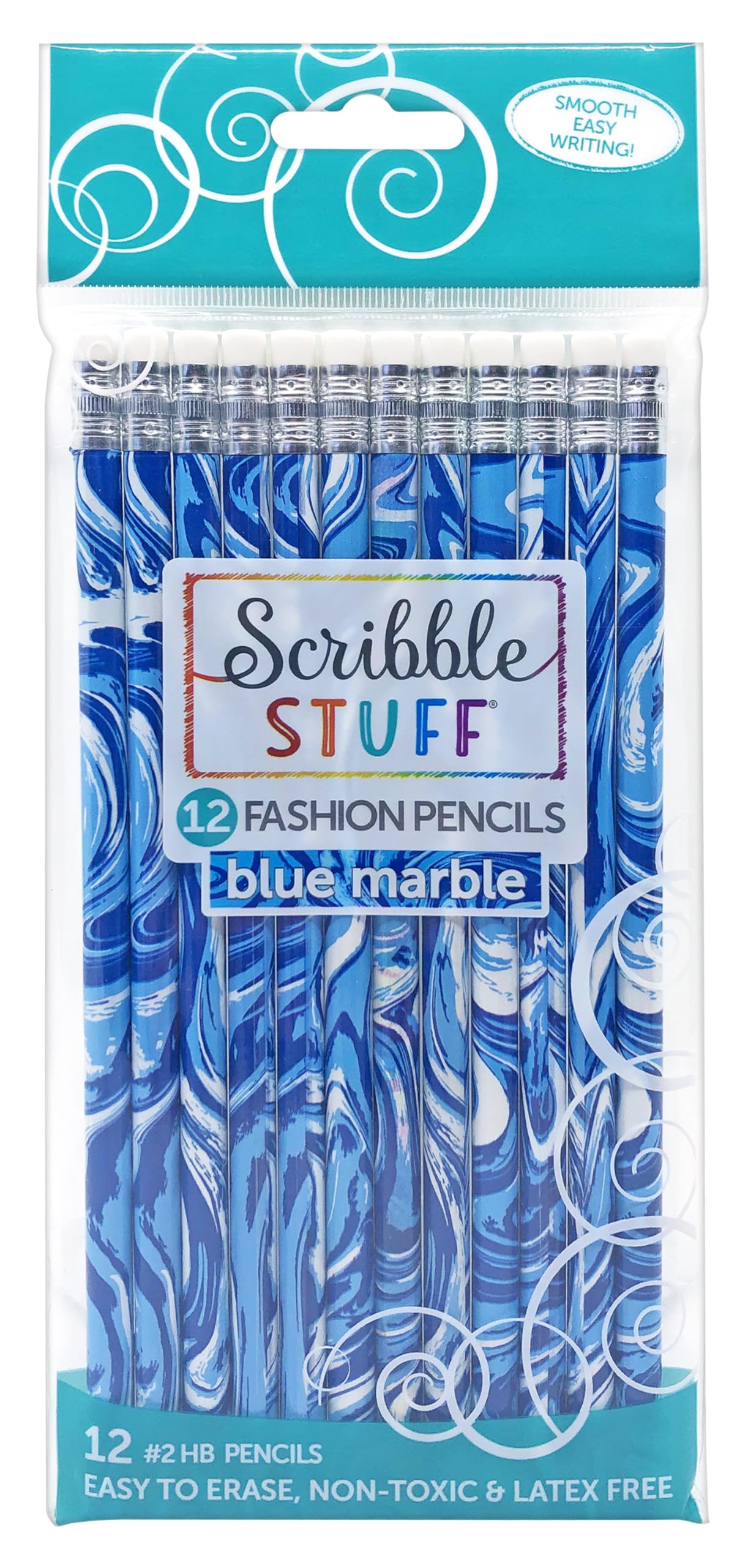 Scribble Stuff Fashion Pencil Pack, Fun Blue Marble Edition, Unsharpened Back To School, 12 Count