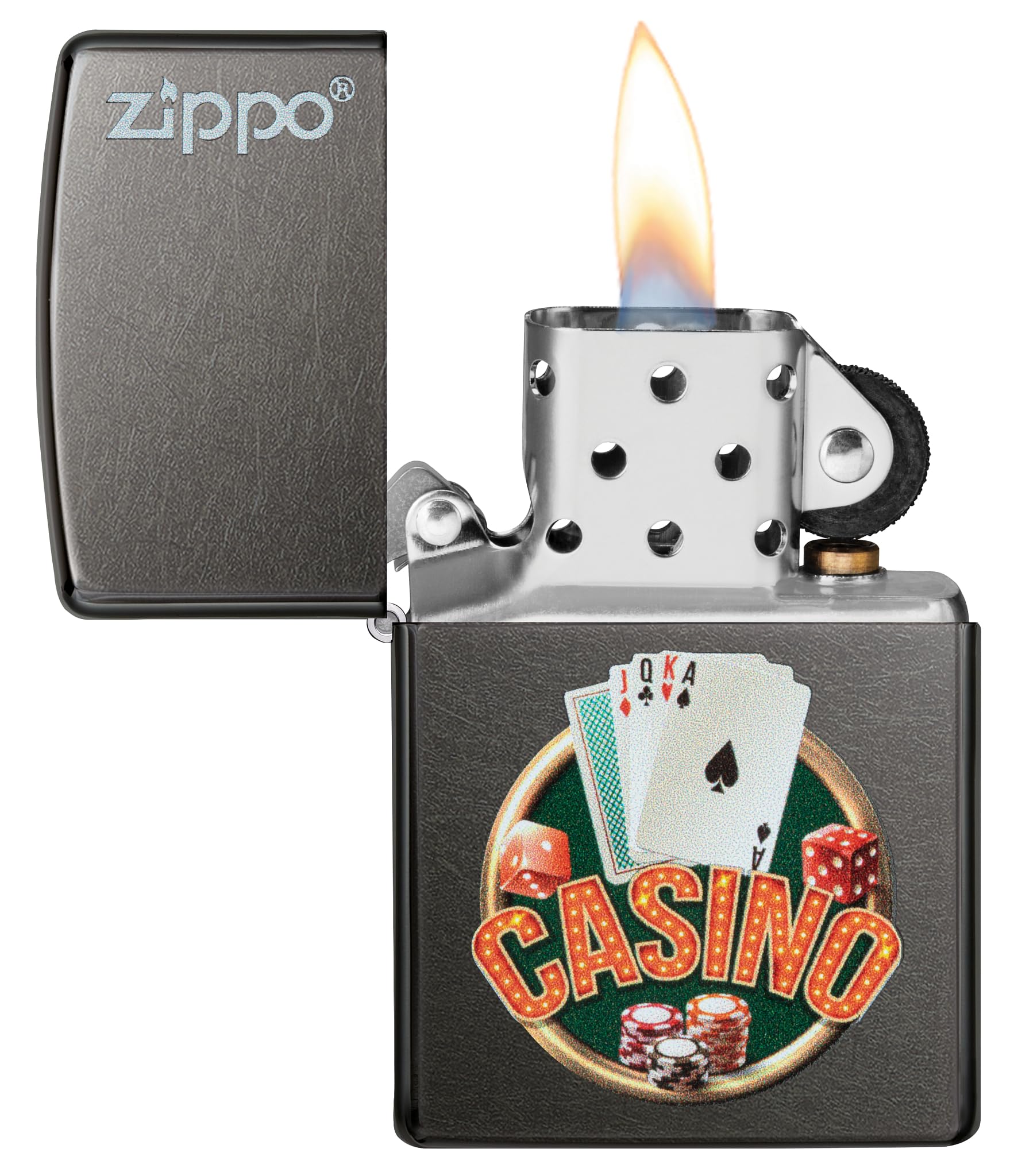 Zippo Casino Zapalniczka Sztormowa, Kolorowy Nadruk, do Napełniania, Wielokrotnego Użytku, Wiatroodporna Konstrukcja, Pudełko na Prezent, Wykonano w USA, Szary (Gray Dusk)