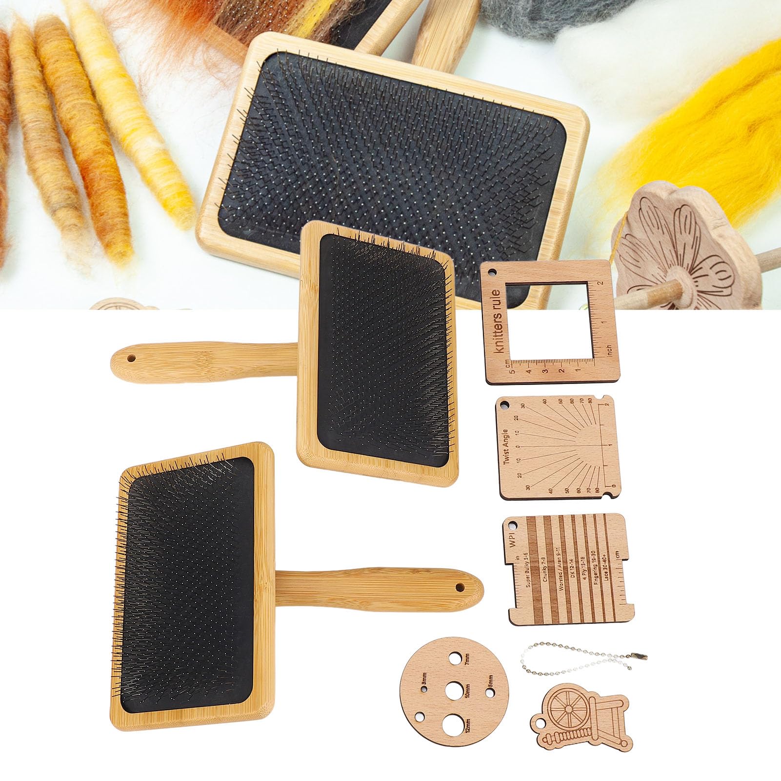 Sorandy 8-teiliges Strickwerkzeug-Set, Wollmischbrett-Kardierbürsten-Set, Wollkarden, Handkarden mit Hölzernen Messwerkzeugen Zum Stricken, Basteln und Zur Tierpflege