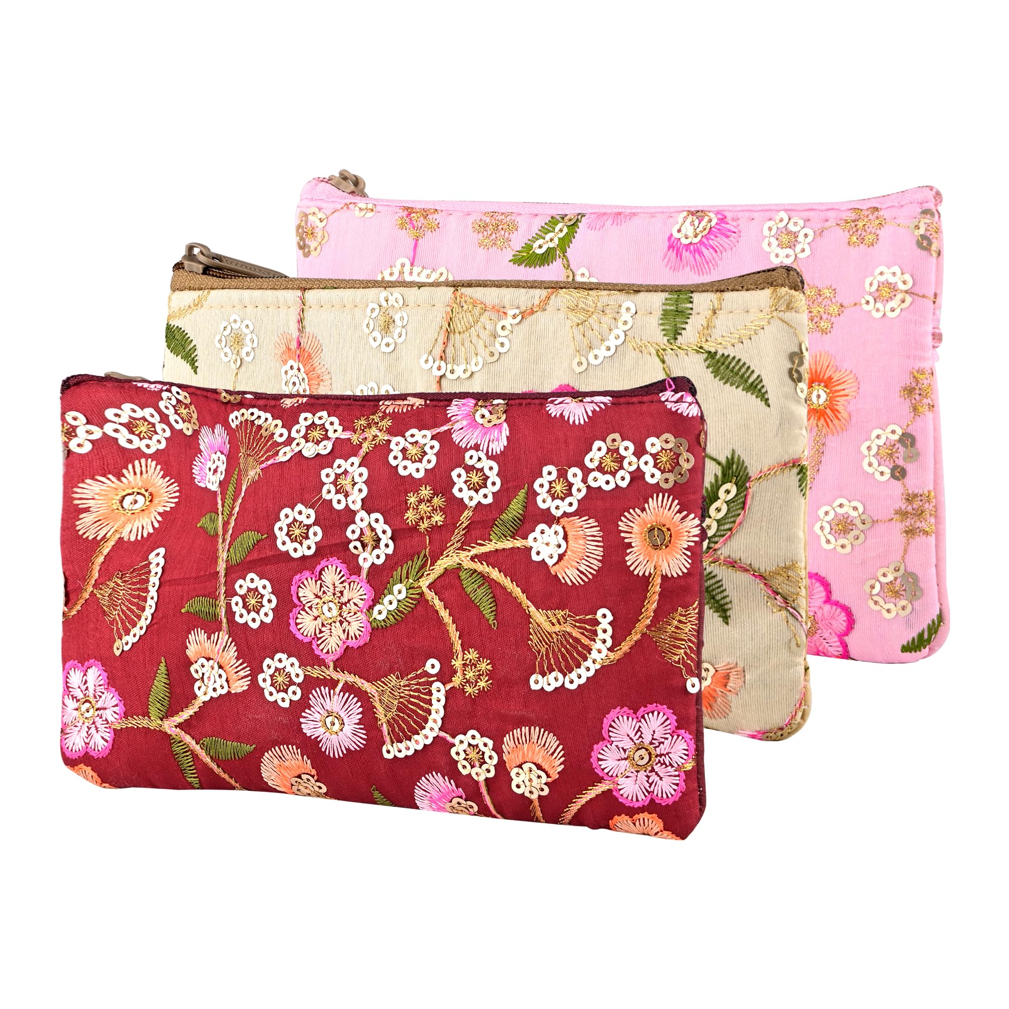 Heart Home 3 Pcs Traditional Hand Purse Ladies with Zip | Embroidery Wallet Purse For Women |Return Gift for Ladies | New Flower - Cream, Maroon & Light Pink-image-43