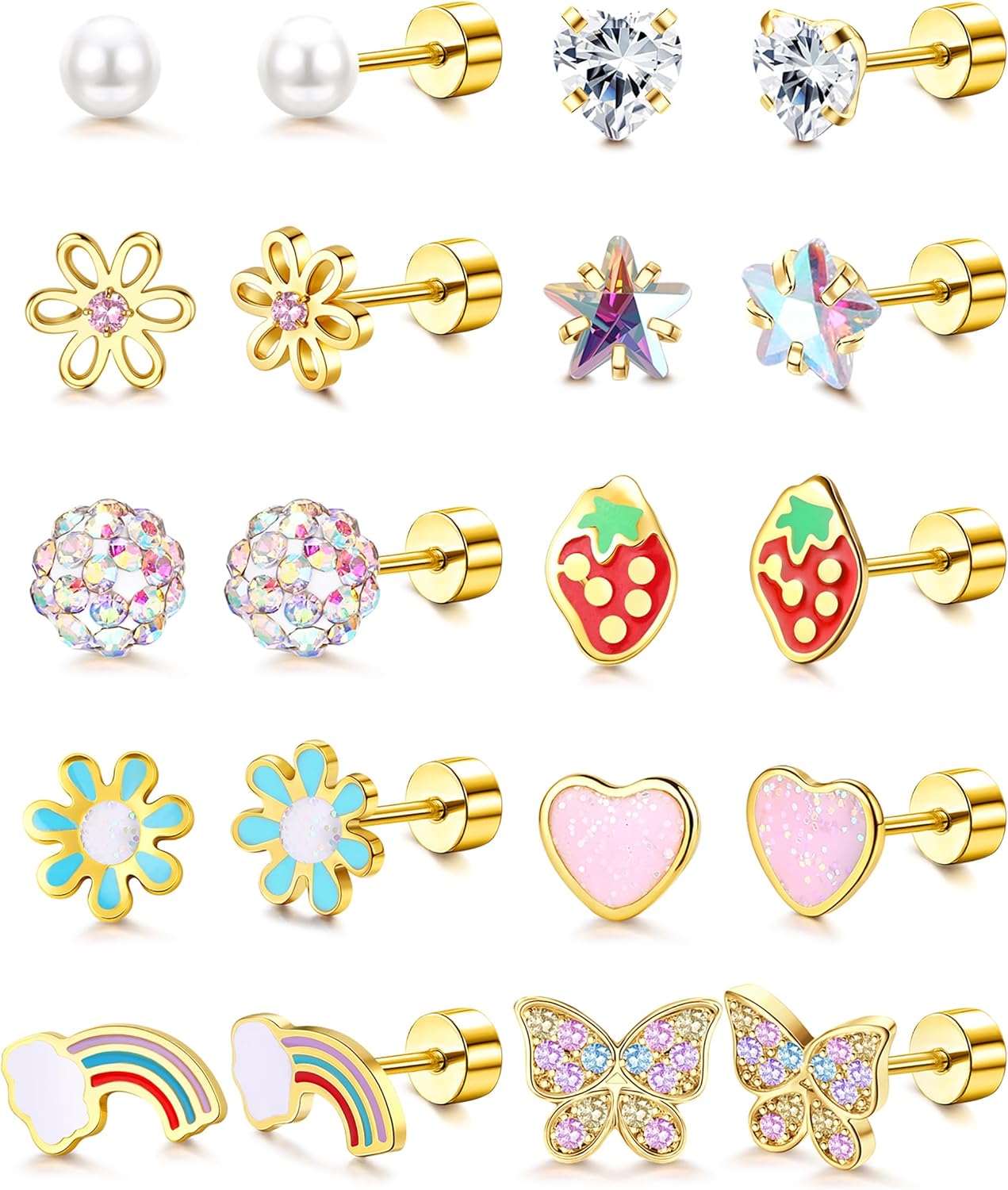 FIASASO Hypoallergenic Flat Back Earrings for Girls Kids Toddler Women 10 Pair Surgical Stainless Steel Screw Back Stud Earrings for Sensitive Ears Cute Flower Butterfly Stud Earring Screwback Girl Earrings Toddler Jewelry age:over 4 years old