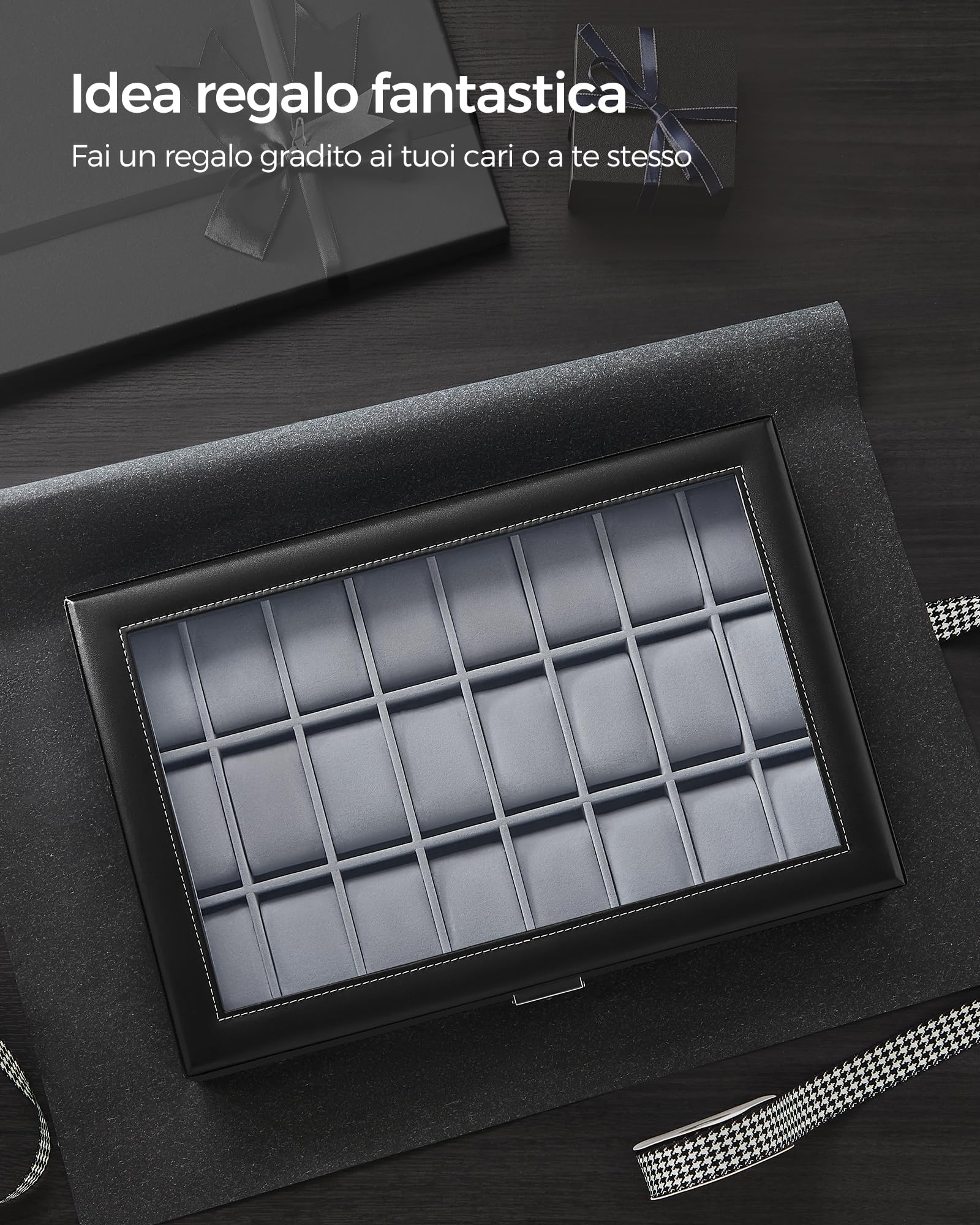 SONGMICS Porta Orologi, Scatola Portaorologi con 24 Posti, Coperchio in Vetro, Custodia per Orologi, Idea Regalo, Superficie Nera Inchiostro, Interno Grigio Tortora JWB024