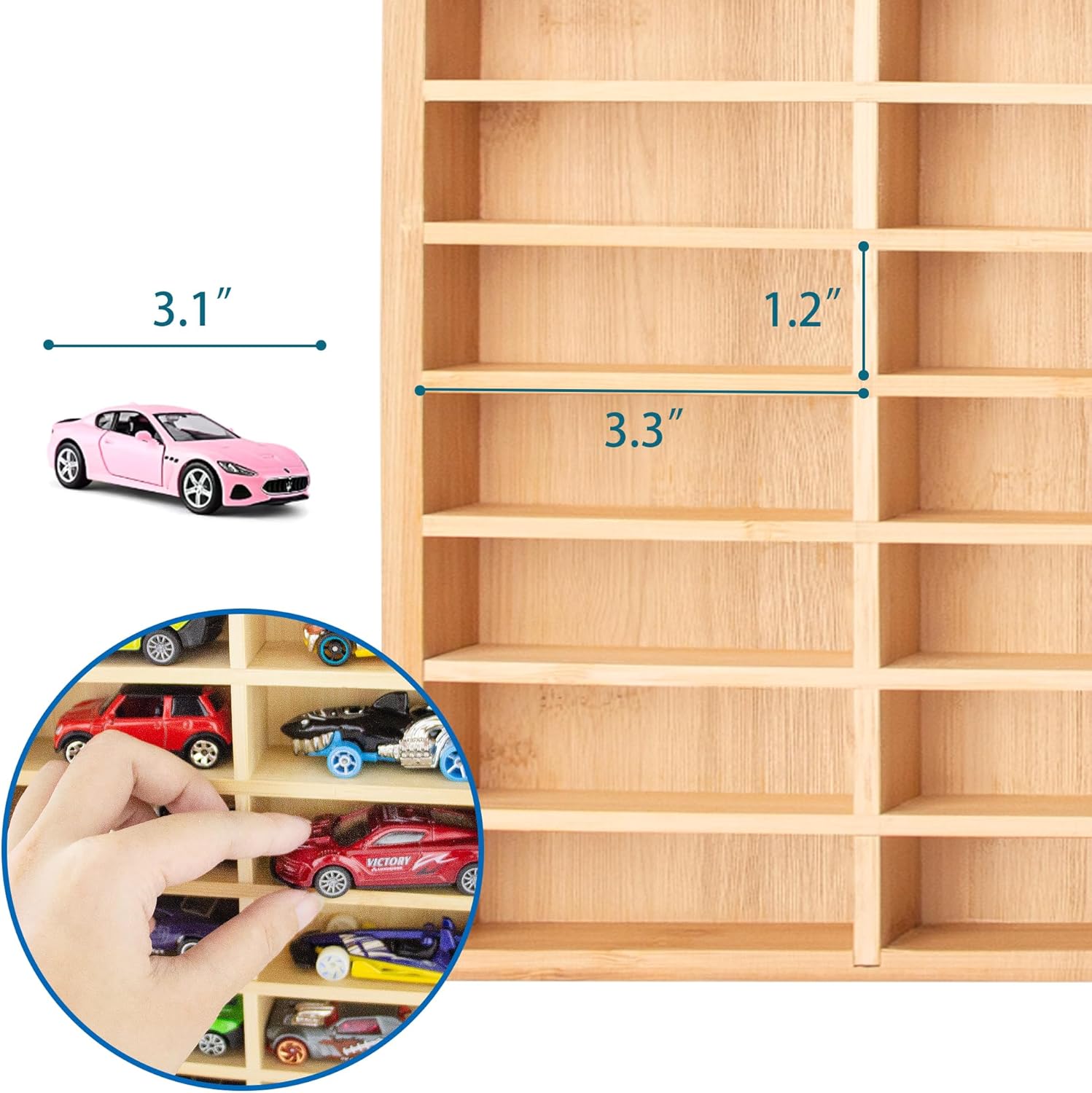 Stylish Wood Toy Cars Display Case with Removable Shelves, Wall-Mountable Organizer for Toy Cars and Matchbox Cars, Includes Hanging Screws (Wood-30 Slots)