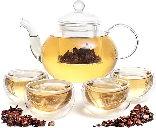 Moss & Stone Infusor de té de vidrio de 27 onzas y 4 tazas de té, tetera de vidrio de borosilicato con colador de vidrio extraíble y tazas de té de