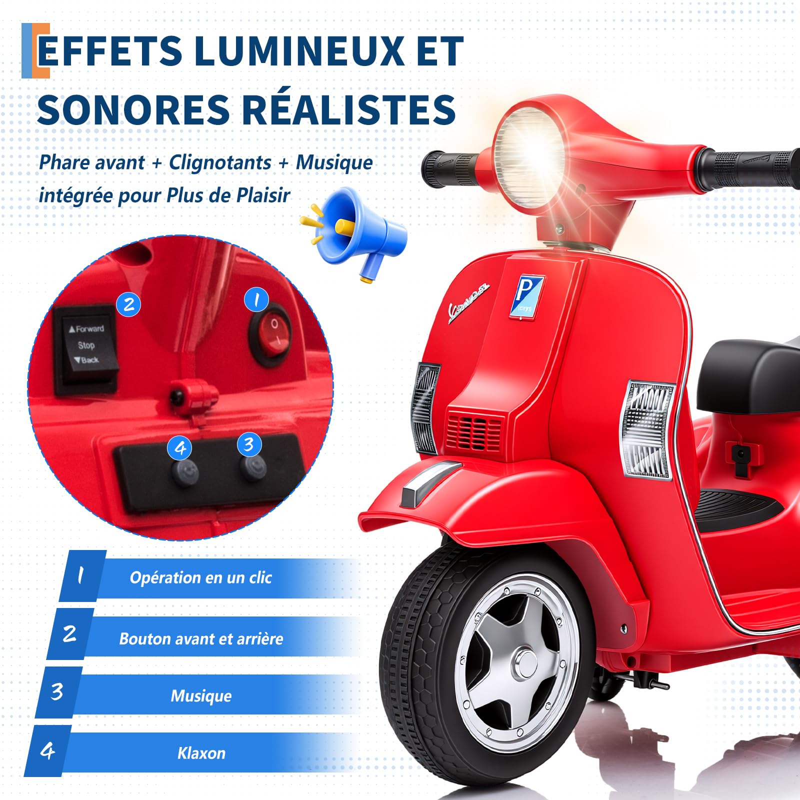 Garvee Moto Électrique Enfants Licence Vespa 6V Phares Et Musique 2-5 Ans