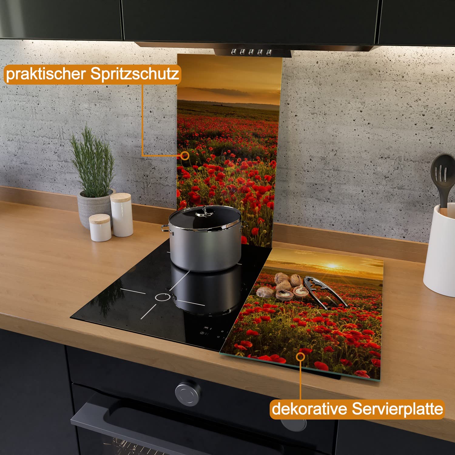 Wallario Herdabdeckplatte aus Glas, 2-teilig, 60x52cm, für Ceran- und Induktionsherde - Motiv: Mohnblumenwiese bei Sonnenuntergang am Abend