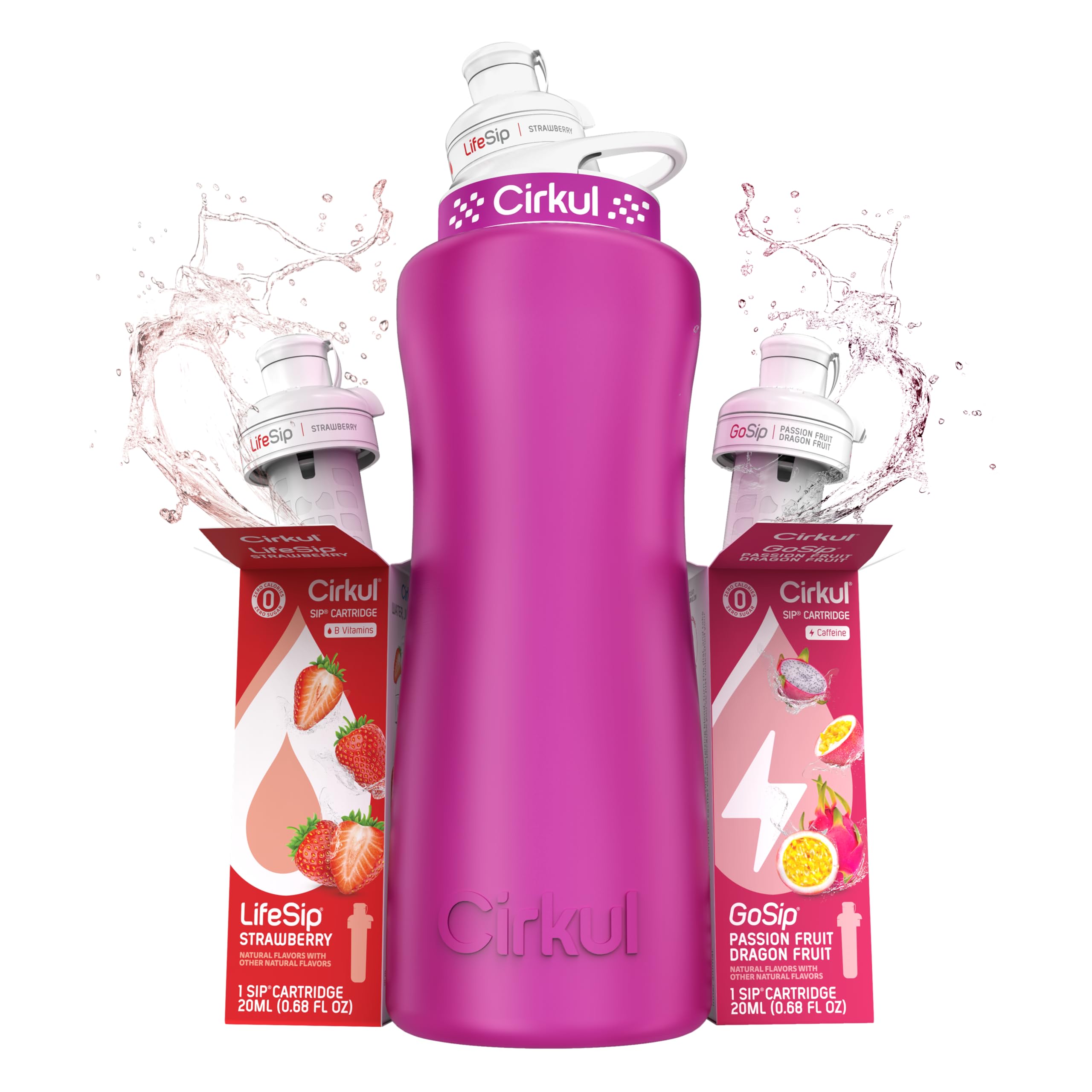 Cirkul32oz. Hot Pink Stainless Steel Water Bottle Starter Kit with Pink Lid and 2 Flavor Cartridges (1 LifeSip Strawberry, 1 GoSip Passion Fruit Dragon Fruit) No Sugar, Zero Calorie Drink Mix