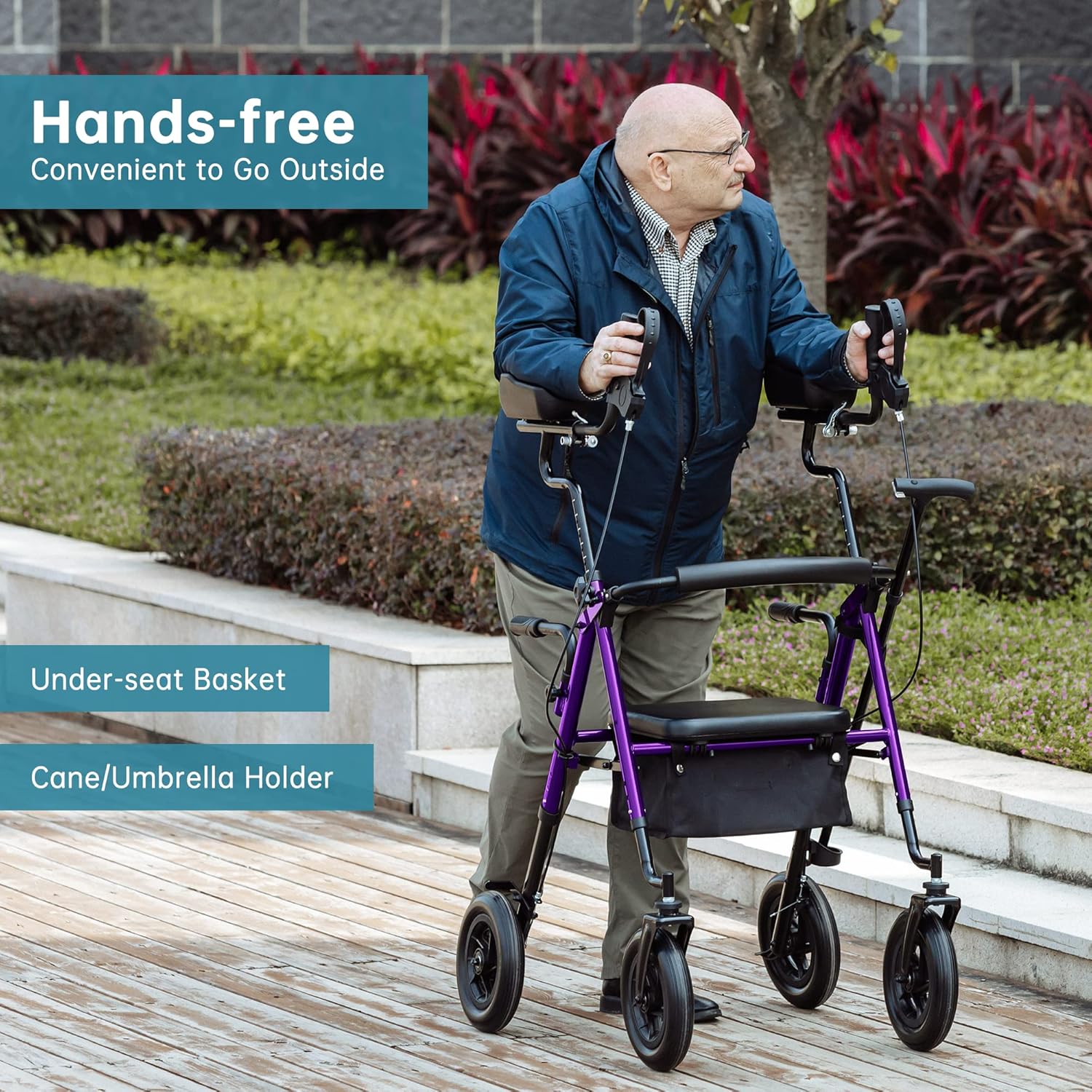 ELENKER All-Terrain Upright Rollator Walker, Stand Up Rolling Walker with 10’’Big PU Wheels and Adjustable Padded Armrests for Seniors from 4’8”to 6'4”, Purple : Health & Household