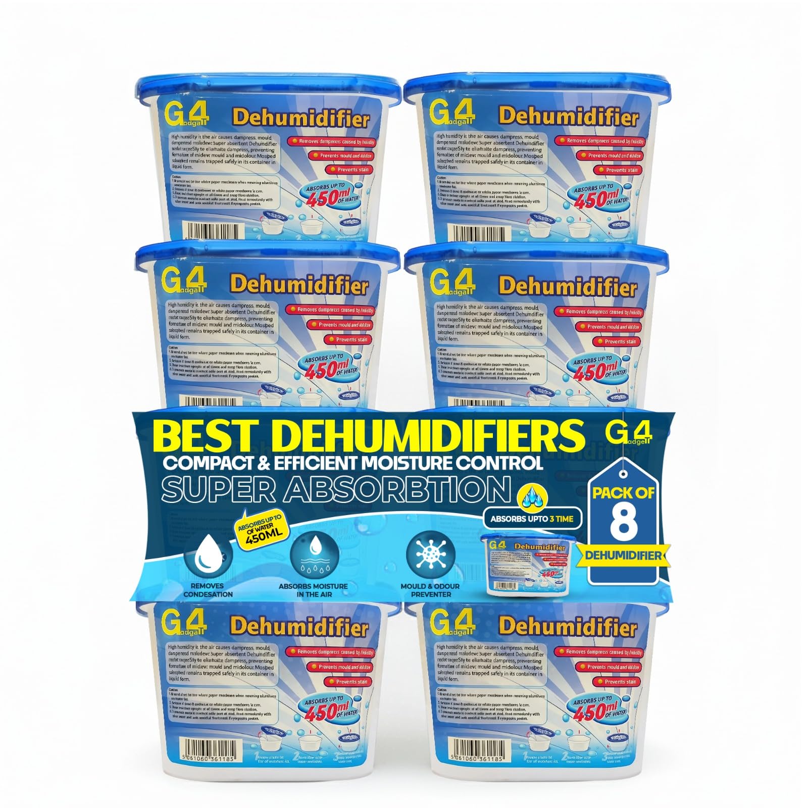 G4GADGET Dehumidifier 450ml Pack of 8 | Disposable Damp & Odour Remover | Home, Bathroom, Wardrobe, Car, Kitchen | Mould Control Moisture Absorber Tubs | No-Spill, No-Power Needed
