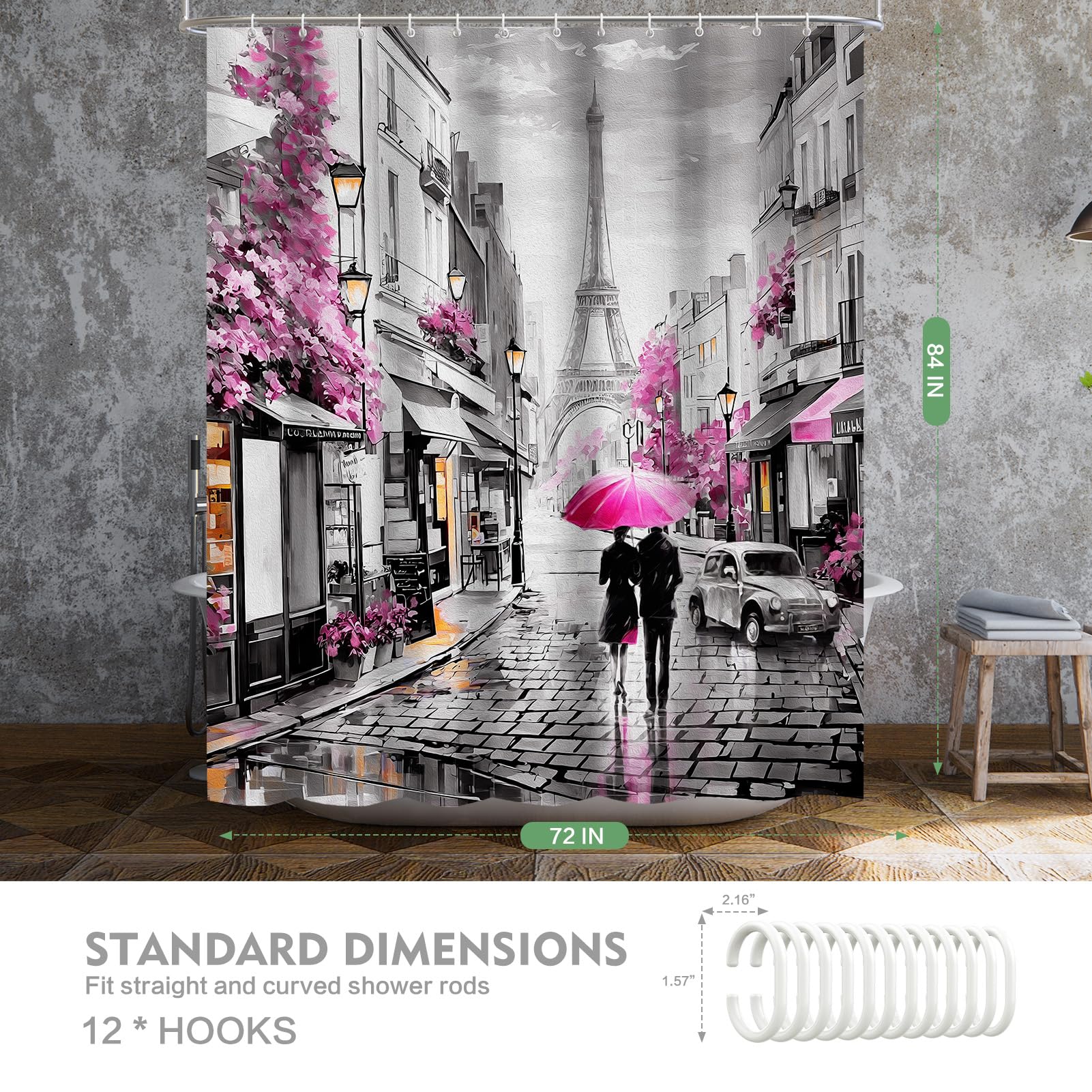 Lokigo Paris Eiffel Tower Extra Long Shower Curtains 84 Inch Long Shower Curtain, Modern Lovers Walk On Rainy France Street Pink Romantic Vintage Gray Oil Painting Shower Curtains