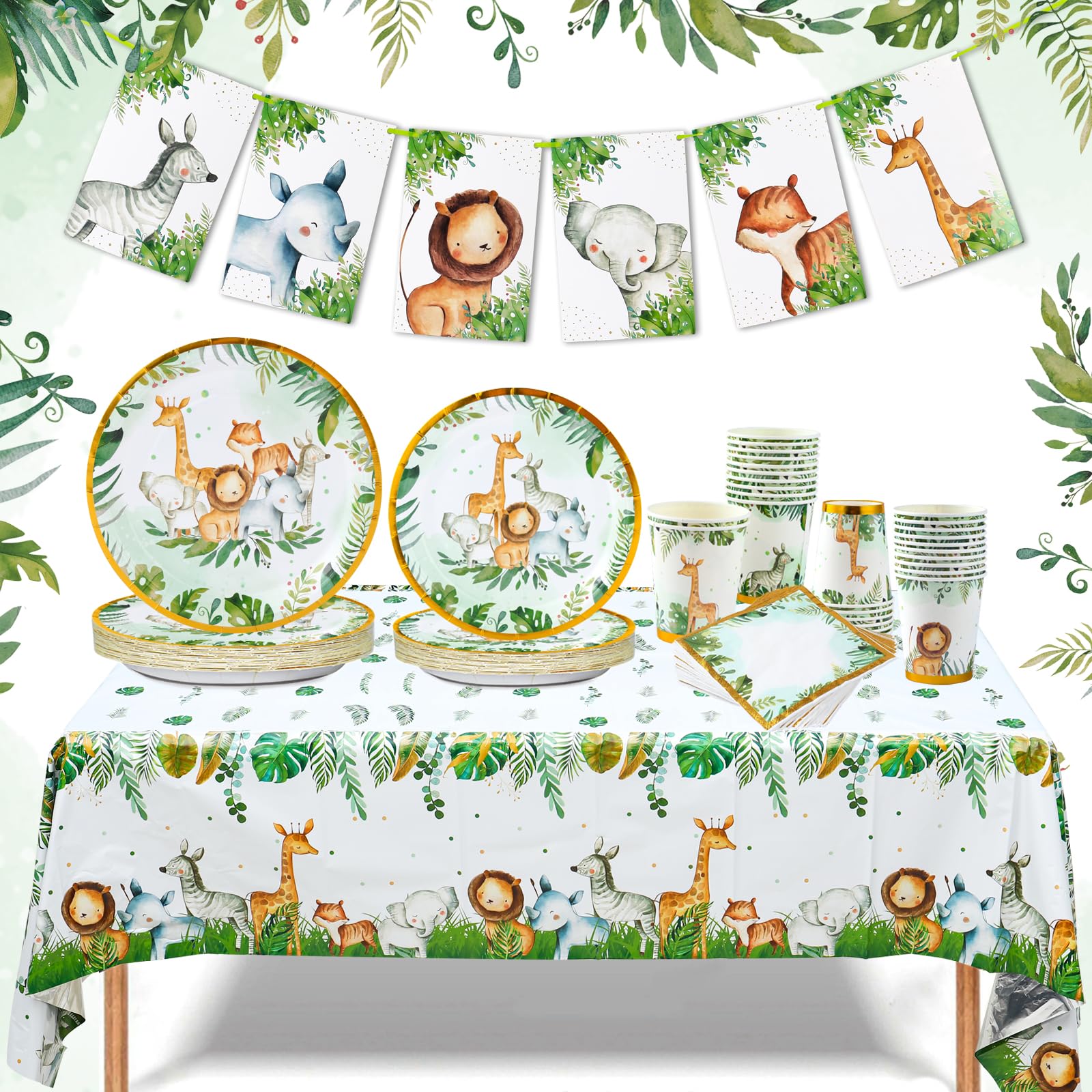 Jungle Safari Theme Tableware Set, 98pcs Kids Birthday Supplies with Animal Birthday Banner, Tablecloth, Paper Plates, Napkins, Cups, Disposable Baby Shower Plates for Party Decorations
