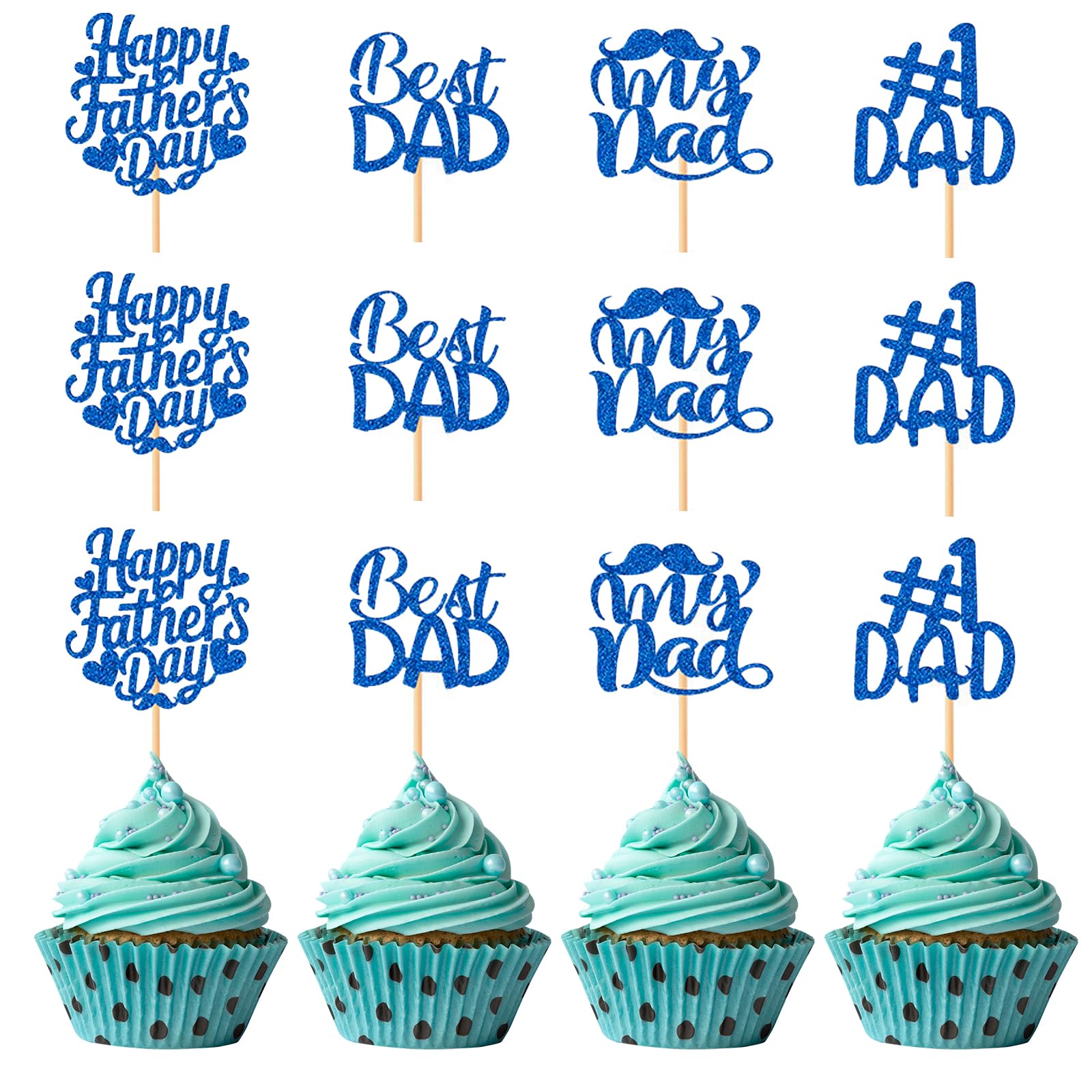 BHSTTNIXP 24 PCS Father's Day Cupcake Toppers,Fathers Day Decoration Cake Toppers,Blue Glitter Cake Tag,Party Cake Dessert Insert