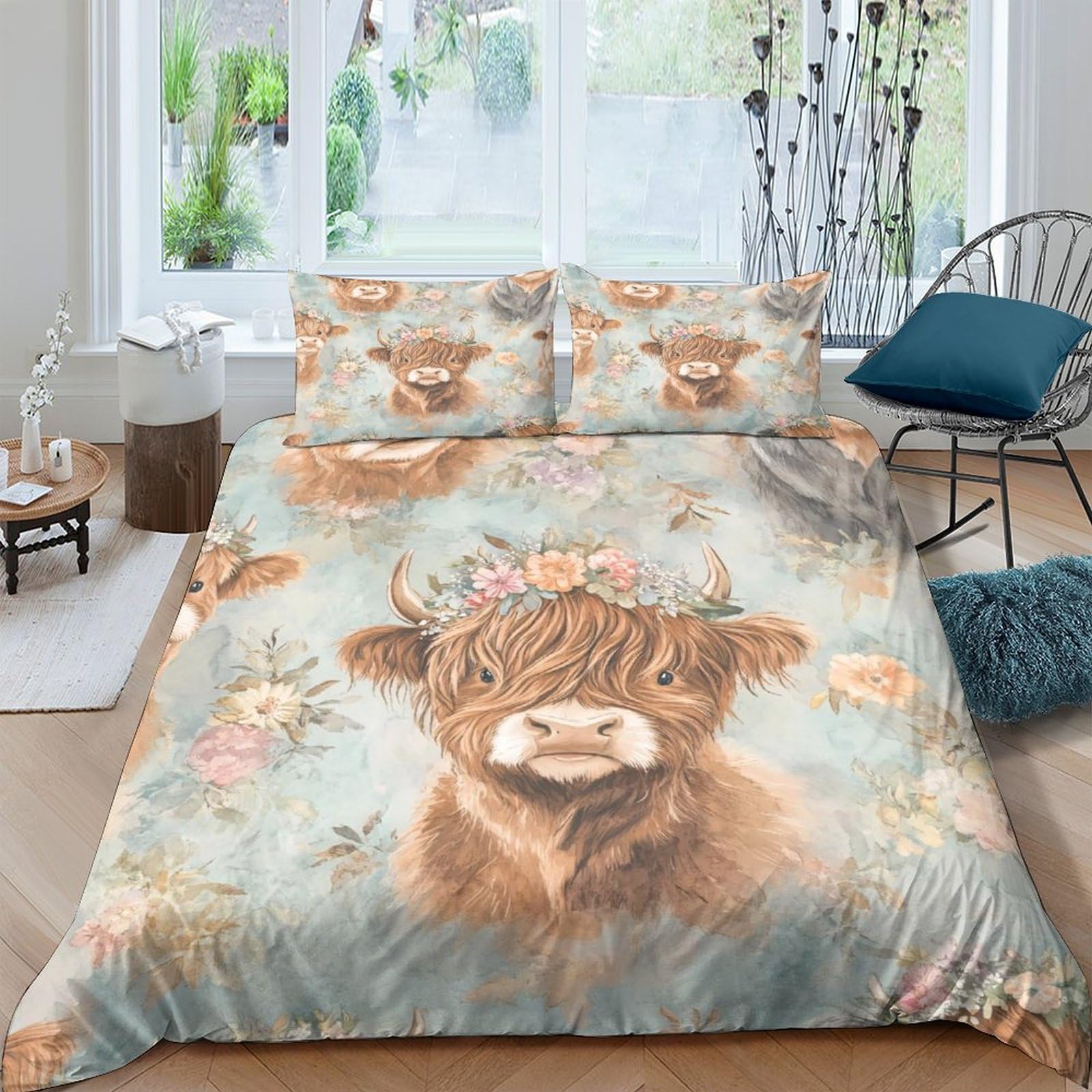 Ctjqhvkz Style-4 3D Printed Highland Cow Floral Fitted Sheet Microfiber Soft Anti-Slip Bed Cover For Bedroom Dorm Decor Single（135X200cm）