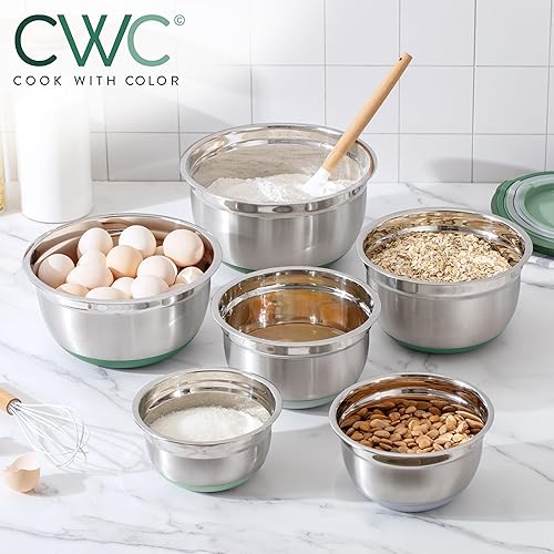 Miniatura 6 de COOK WITH COLOR Tazones para mezclar con tapas herméticas, 6 cuencos de almacenamiento de metal de acero inoxidable, parte inferior antideslizante