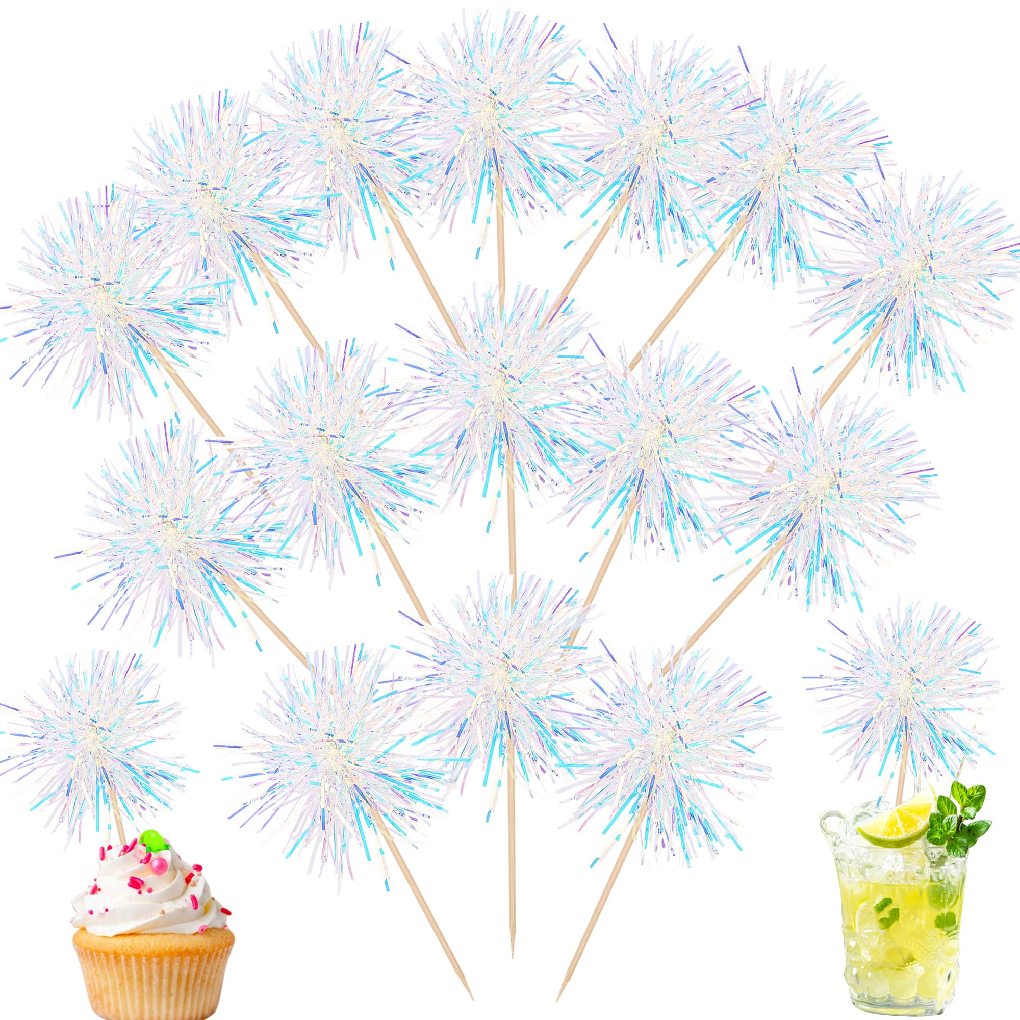 Rsstarxi 30 Pack Foil Firework Cupcake Toppers Birthday Party Decorations Sparkle Tinsel Cocktail Food Fruit Toothpick for Valentine's Day Wedding Birthday Party Decorations Silver