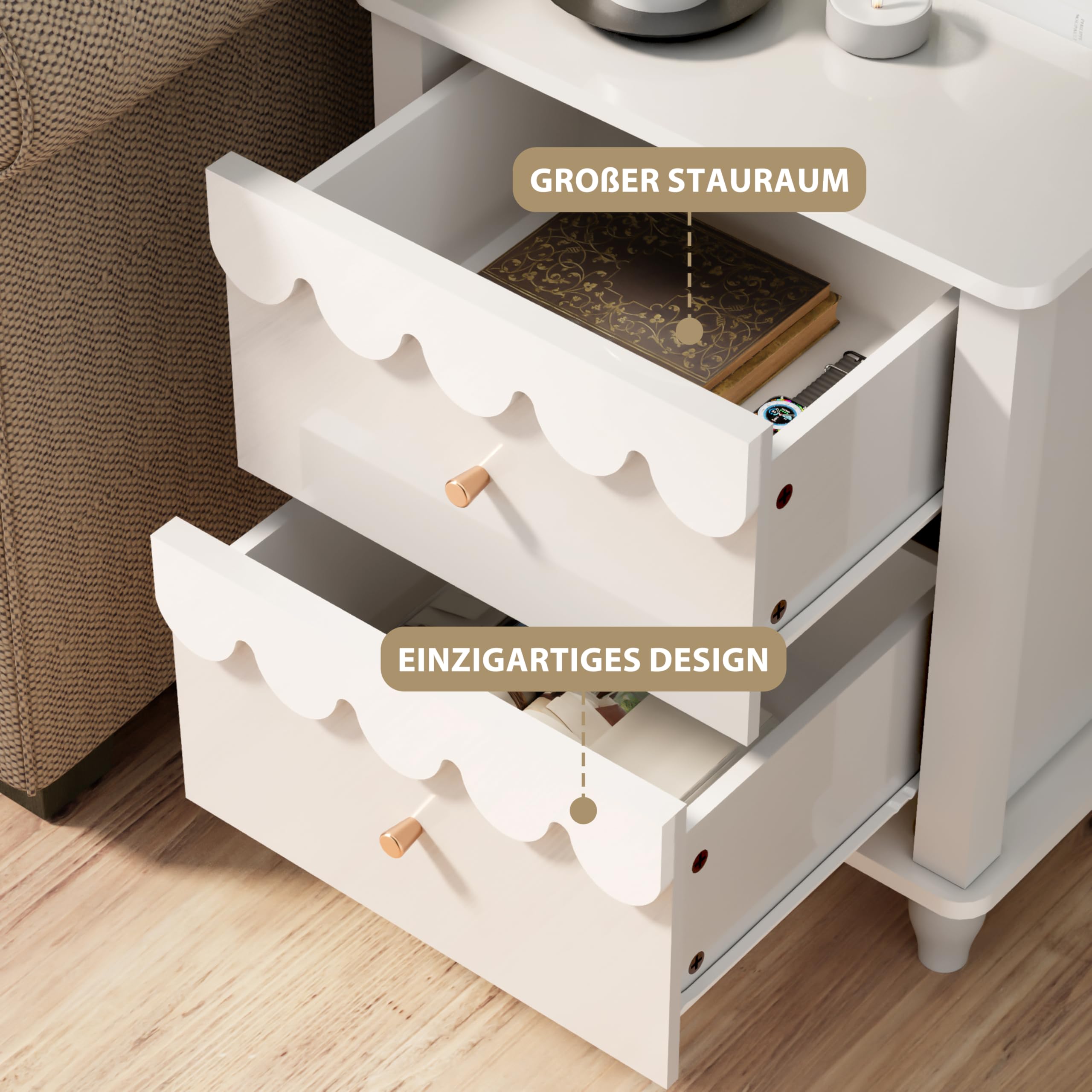 UEV Nachttisch 2er Set – Mit 2 Schubladen, Wellen-Design, Goldene Griffe, 50x40x60 Cm