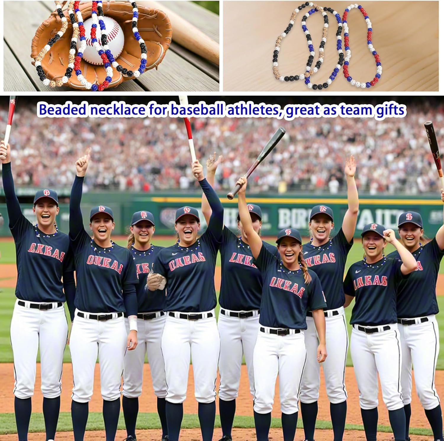12 Pcs Baseball Beaded Necklace 18 in Bling Collection Clay Beaded Necklace Glitter Rhinestone Gifts for Men Women Baseball Team Lovers - Image 3