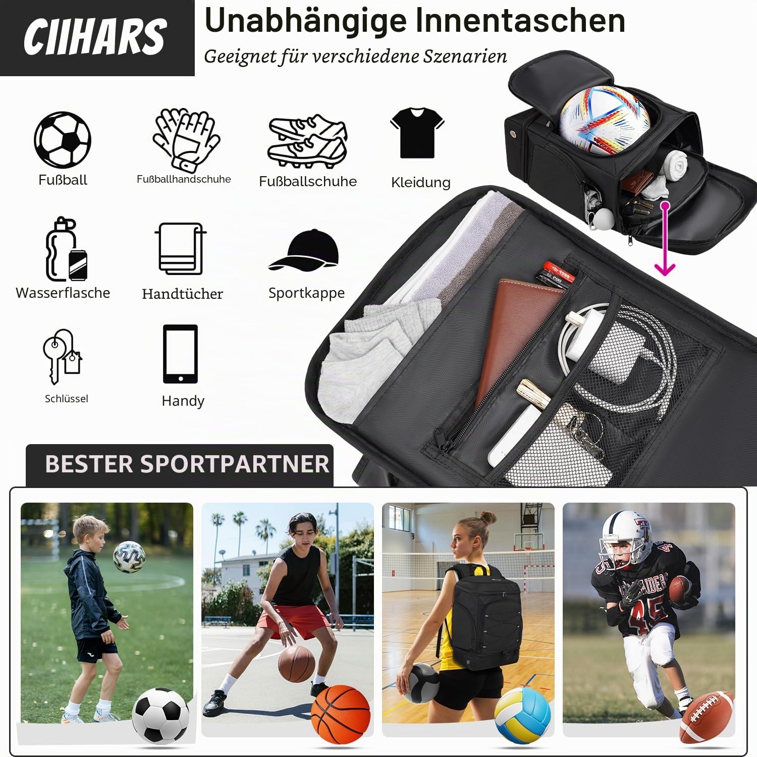 Fußball-Rucksack, Fußballtasche mit Ballhalter, inklusive separatem Schuh- und Ballfach, Sportausrüstungstaschen, passend für Basketball, Volleyball, Fußball